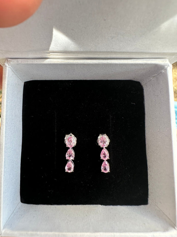 Pear Cut Pink Sapphire 14K Gold Earrings - Three Stone Design