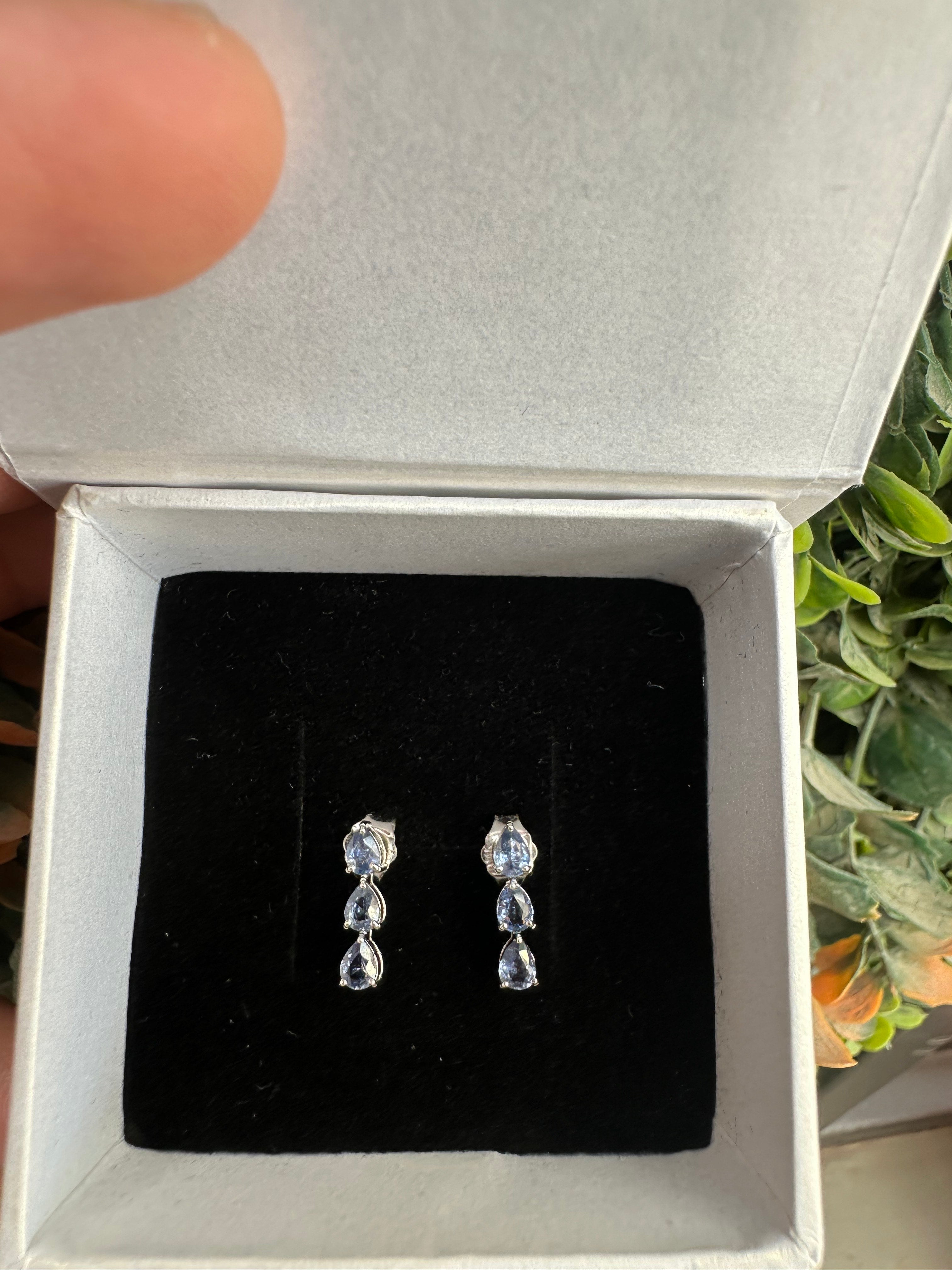 14K Gold Pear Cut Blue Sapphire Earrings: Three Stone Design