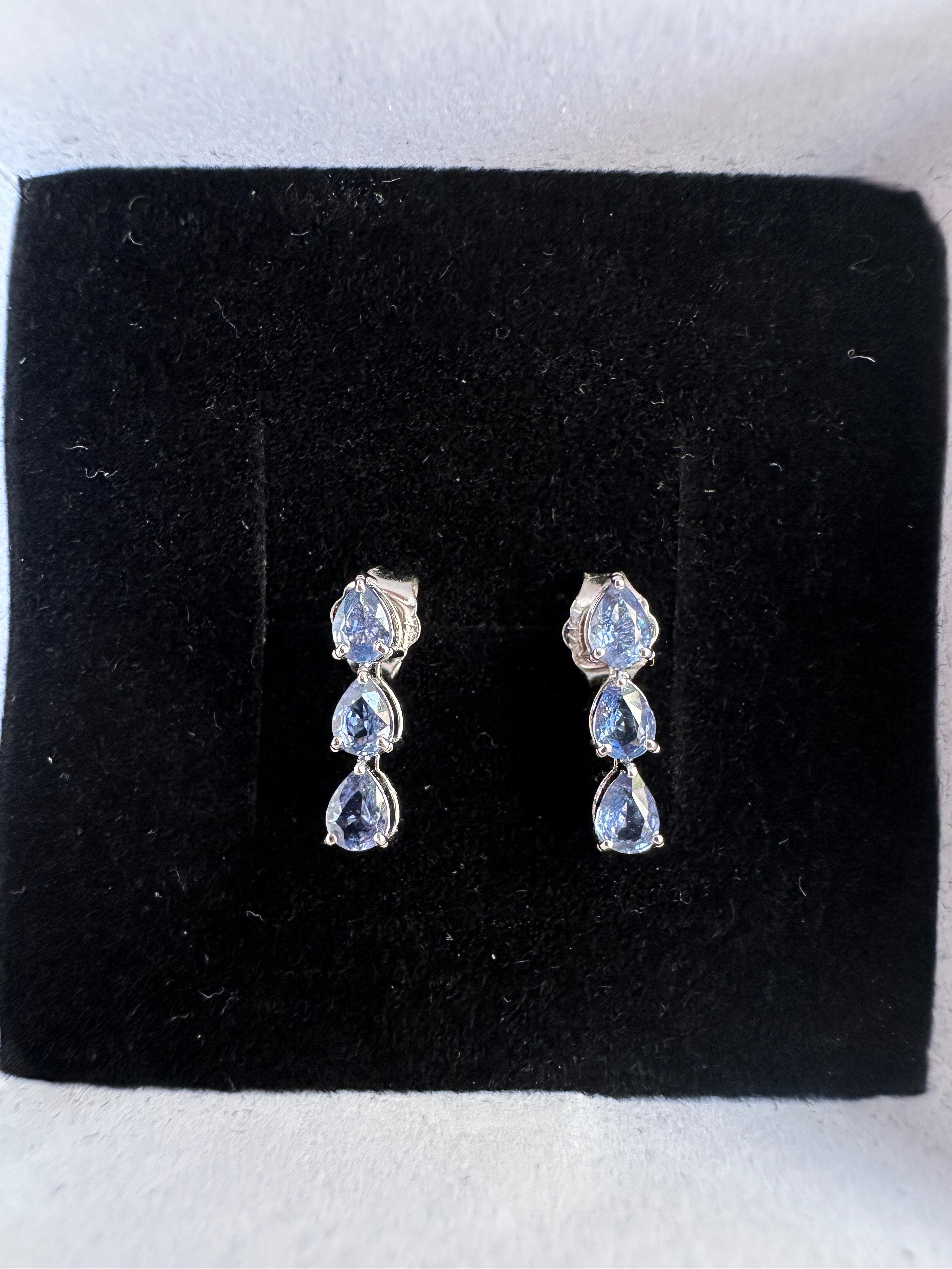 14K Gold Pear Cut Blue Sapphire Earrings: Three Stone Design