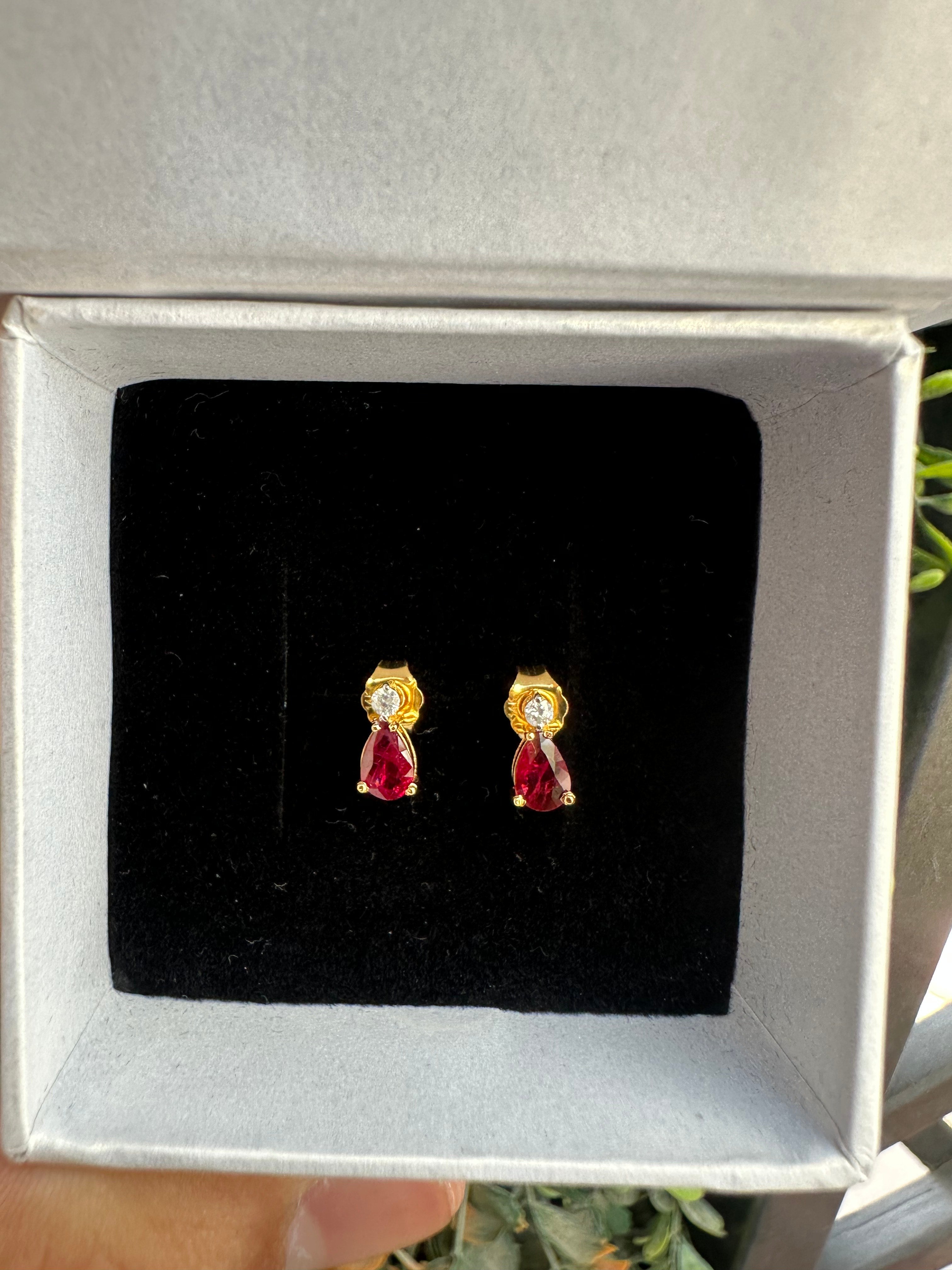 14K Gold Pear Cut Ruby Earrings: Diamond Accent, Luxury Gift