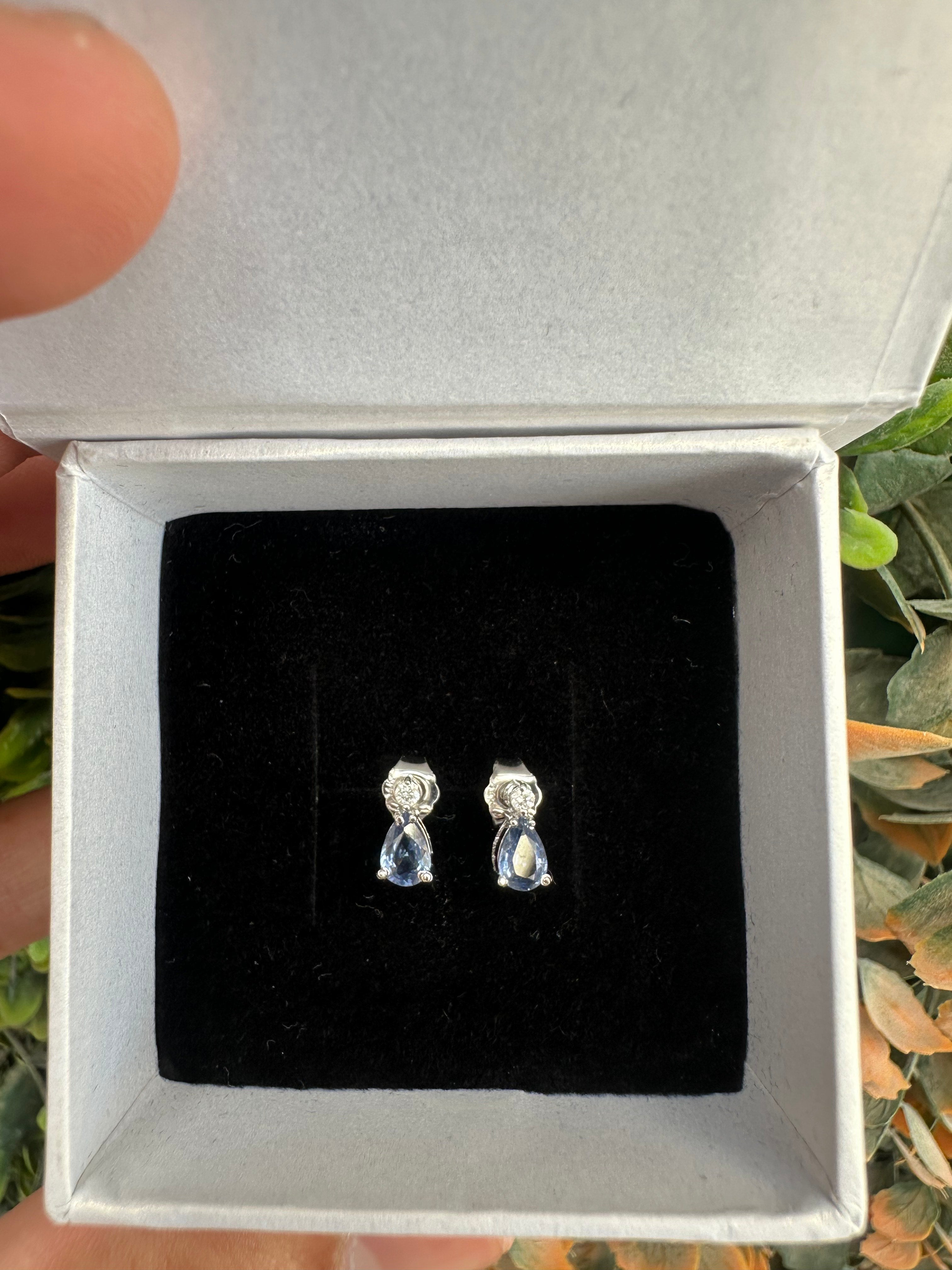 14K Gold Pear Cut Blue Sapphire and Diamond Earrings