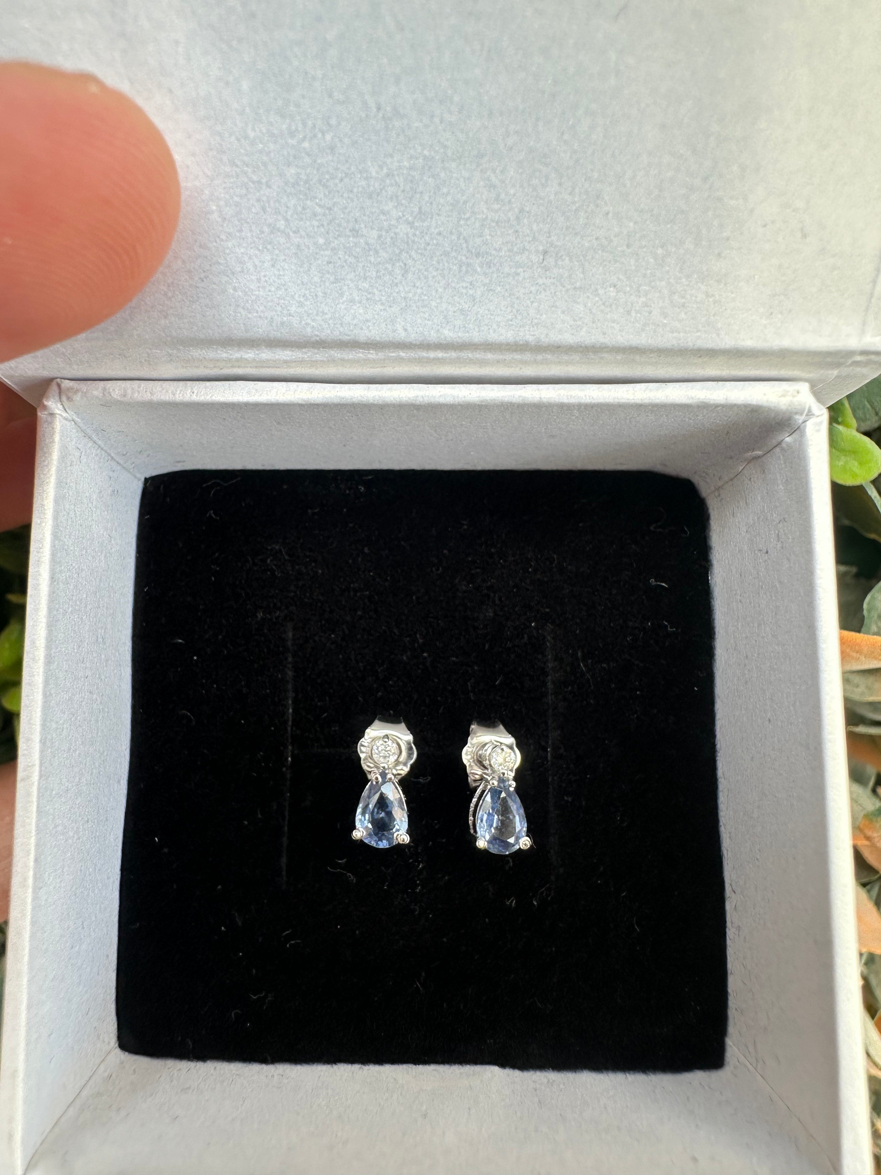 14K Gold Pear Cut Blue Sapphire and Diamond Earrings