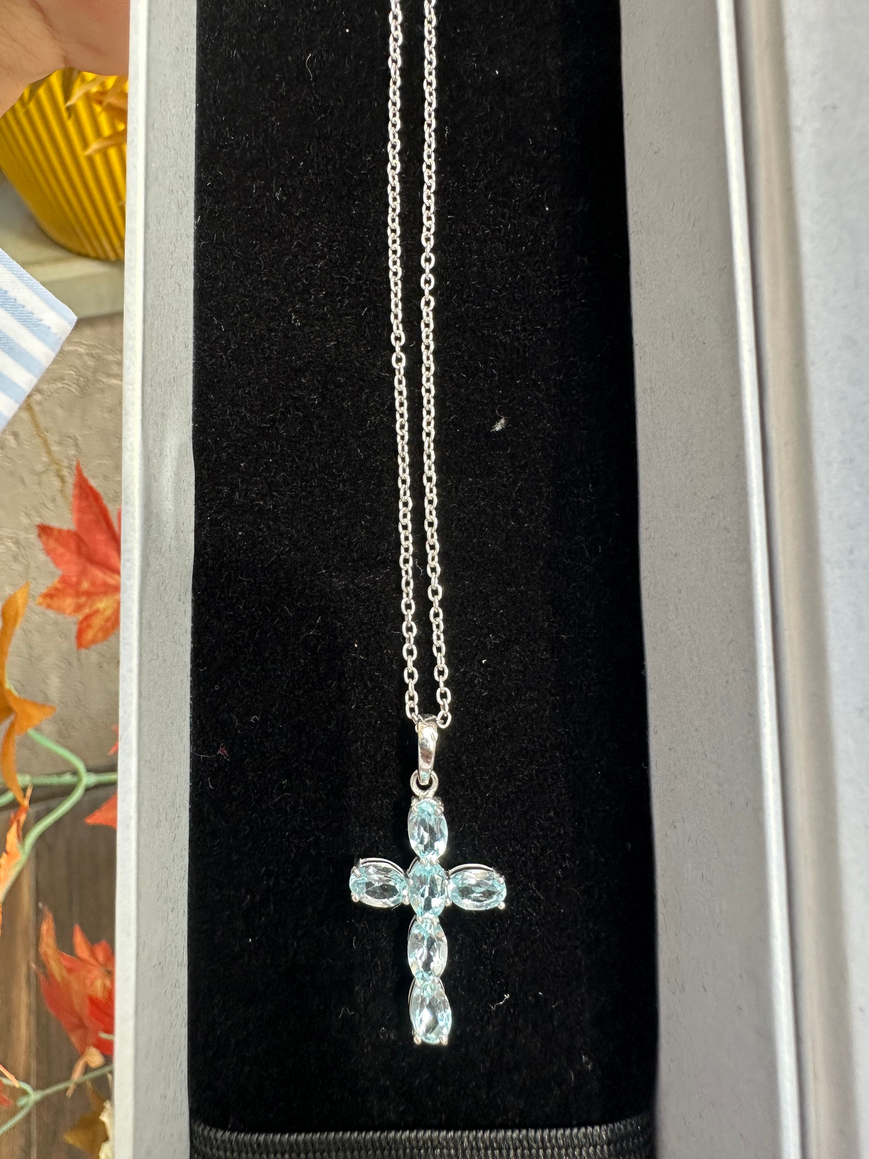 Cross Blue Topaz Pendant Silver Minimal pendant Gifts for girlfriend Unique Design Creative gifts for her Anniversary gifts Christmas gifts