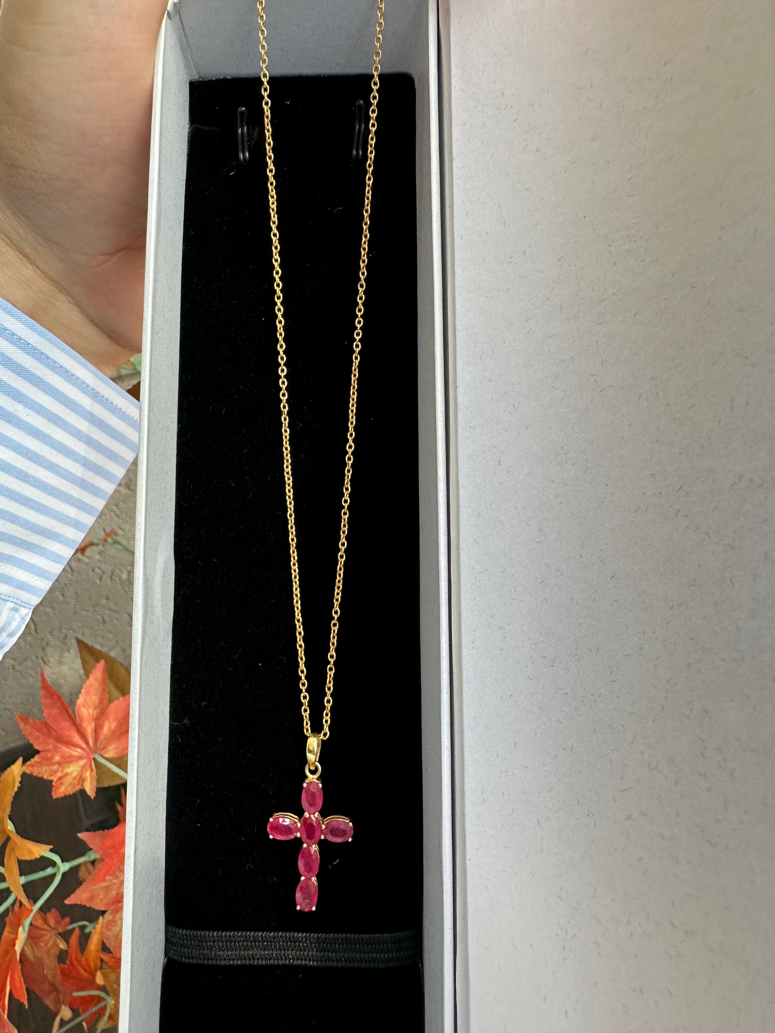 Silver Cross Pendant with Natural Ruby: Minimalist Design