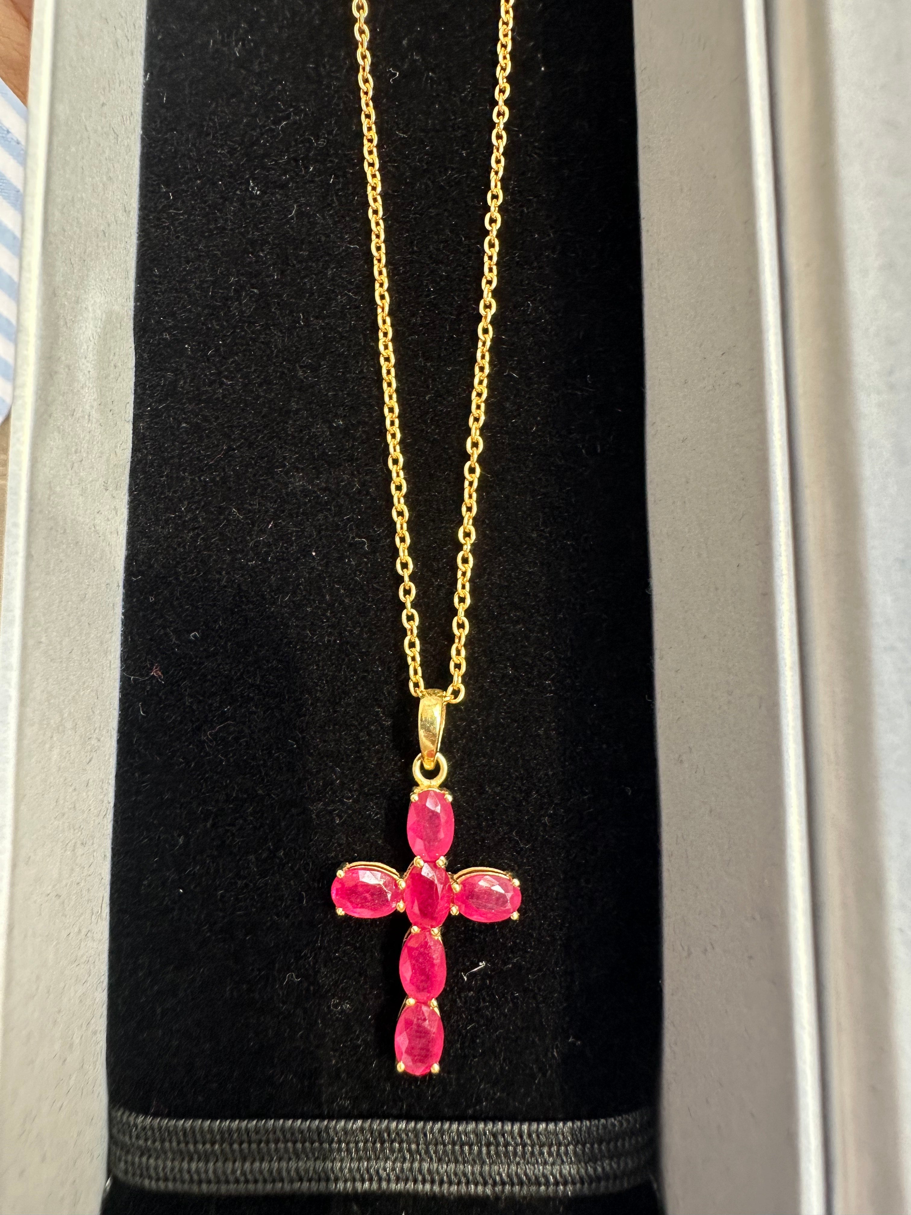 Silver Cross Pendant with Natural Ruby: Minimalist Design