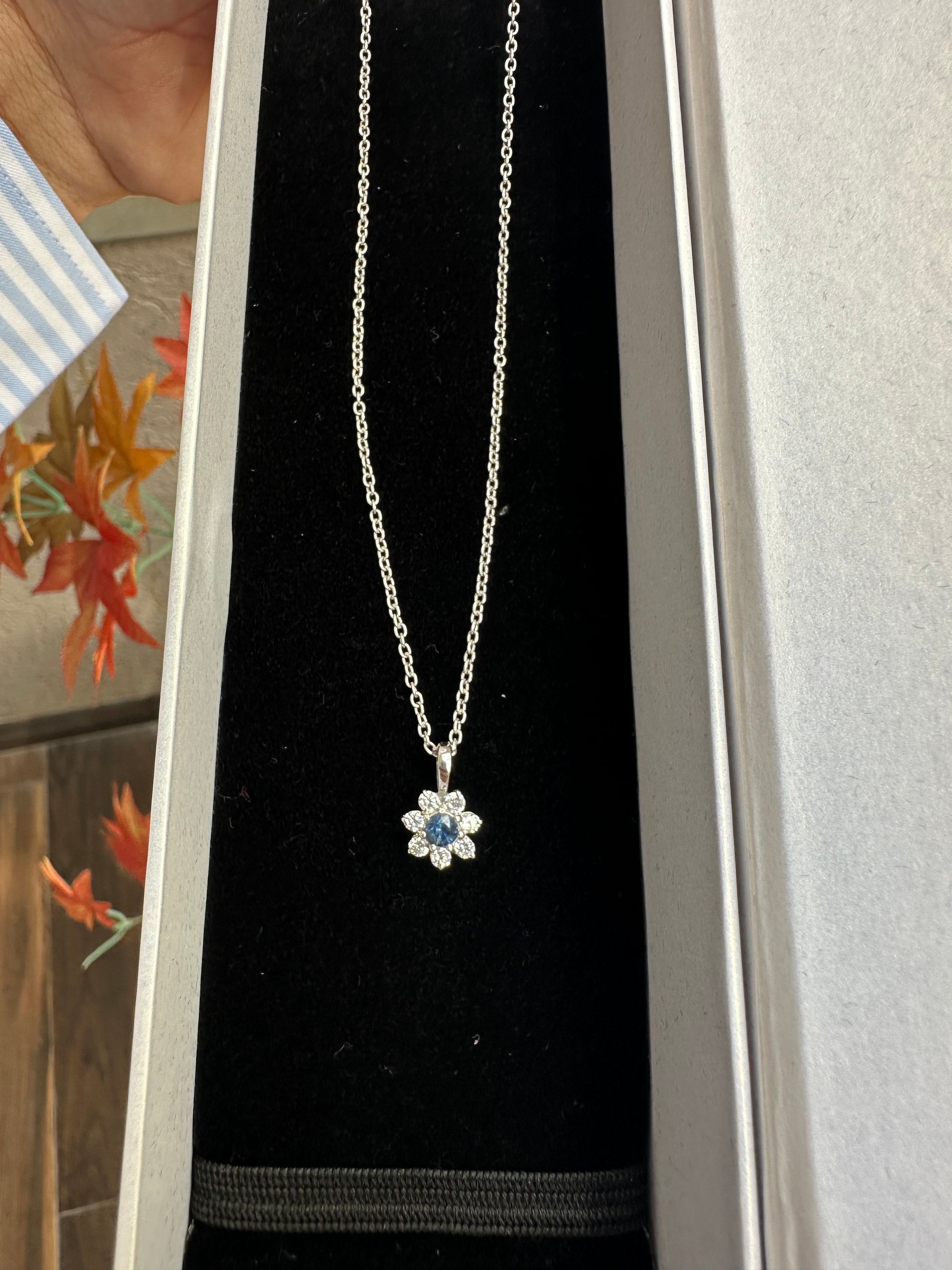Blue Sapphire Flower Pendant: Minimalist Sterling Silver Necklace