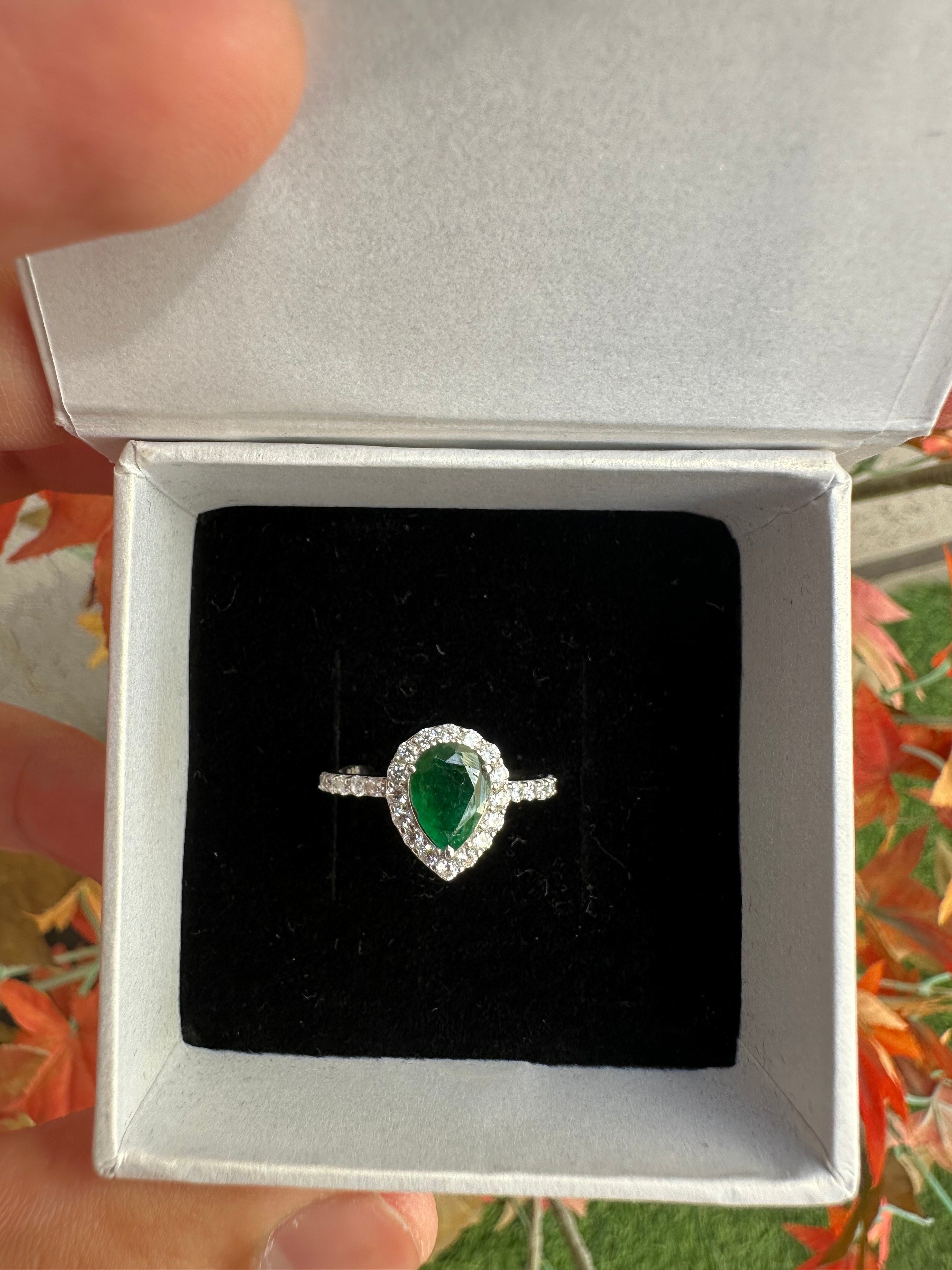 Emerald Pear Cut Sterling Silver Ring: Minimalist Statement Jewelry