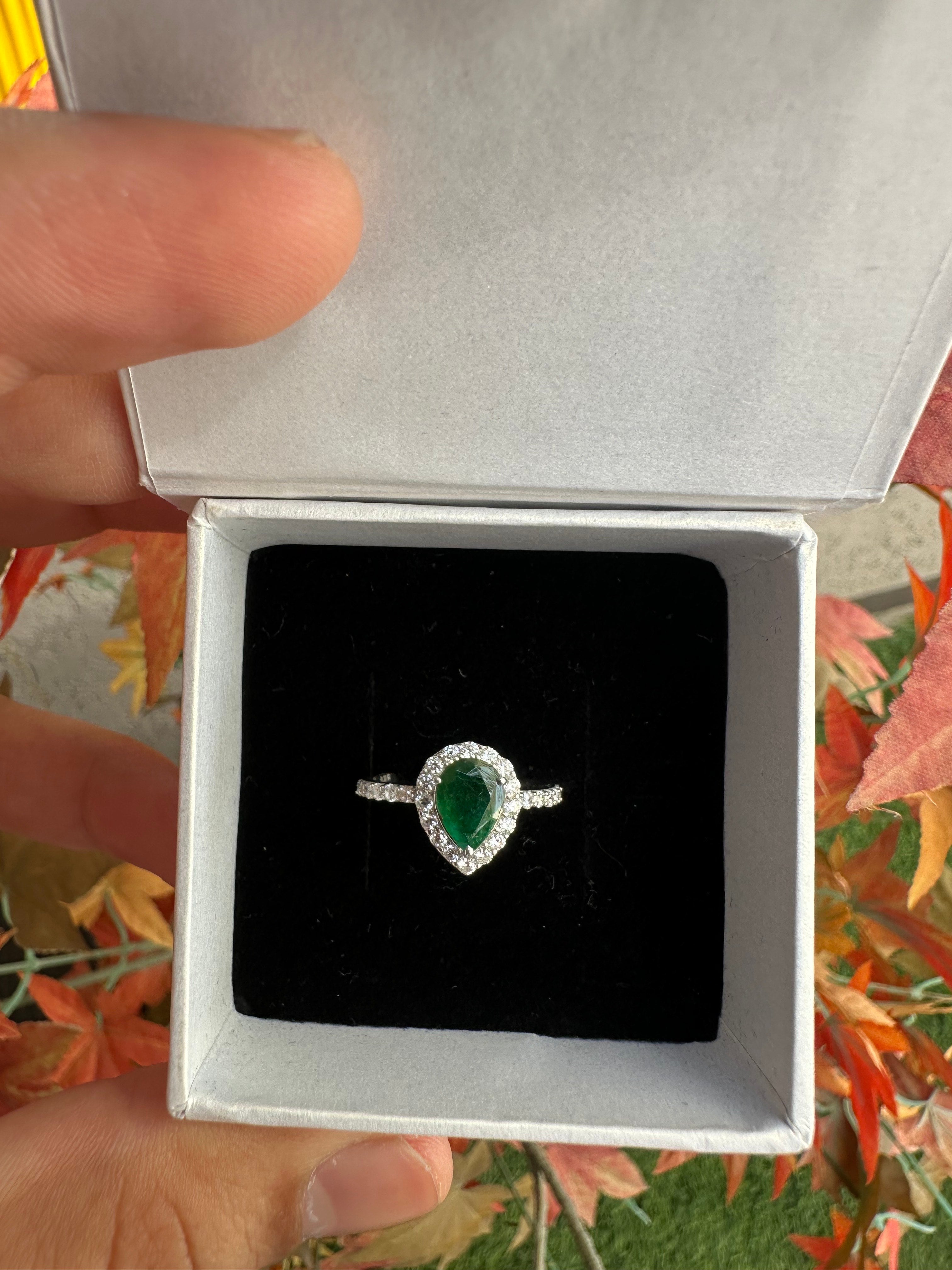 Emerald Pear Cut Sterling Silver Ring: Minimalist Statement Jewelry