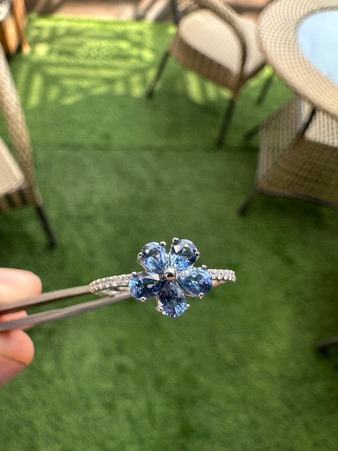 Flower 14K Gold Minimalist Ring Pear Blue Sapphire & Diamond Accent