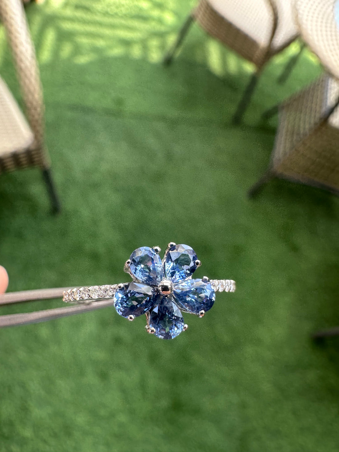 Flower 14K Gold Minimalist Ring Pear Blue Sapphire & Diamond Accent