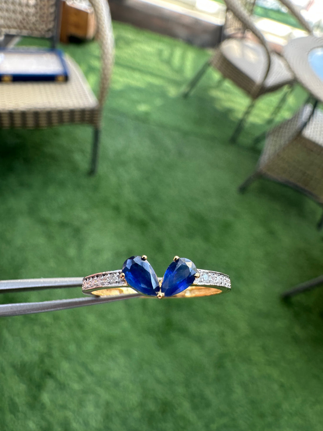 14K Gold Kissie Blue Sapphire Ring With Natural Diamonds