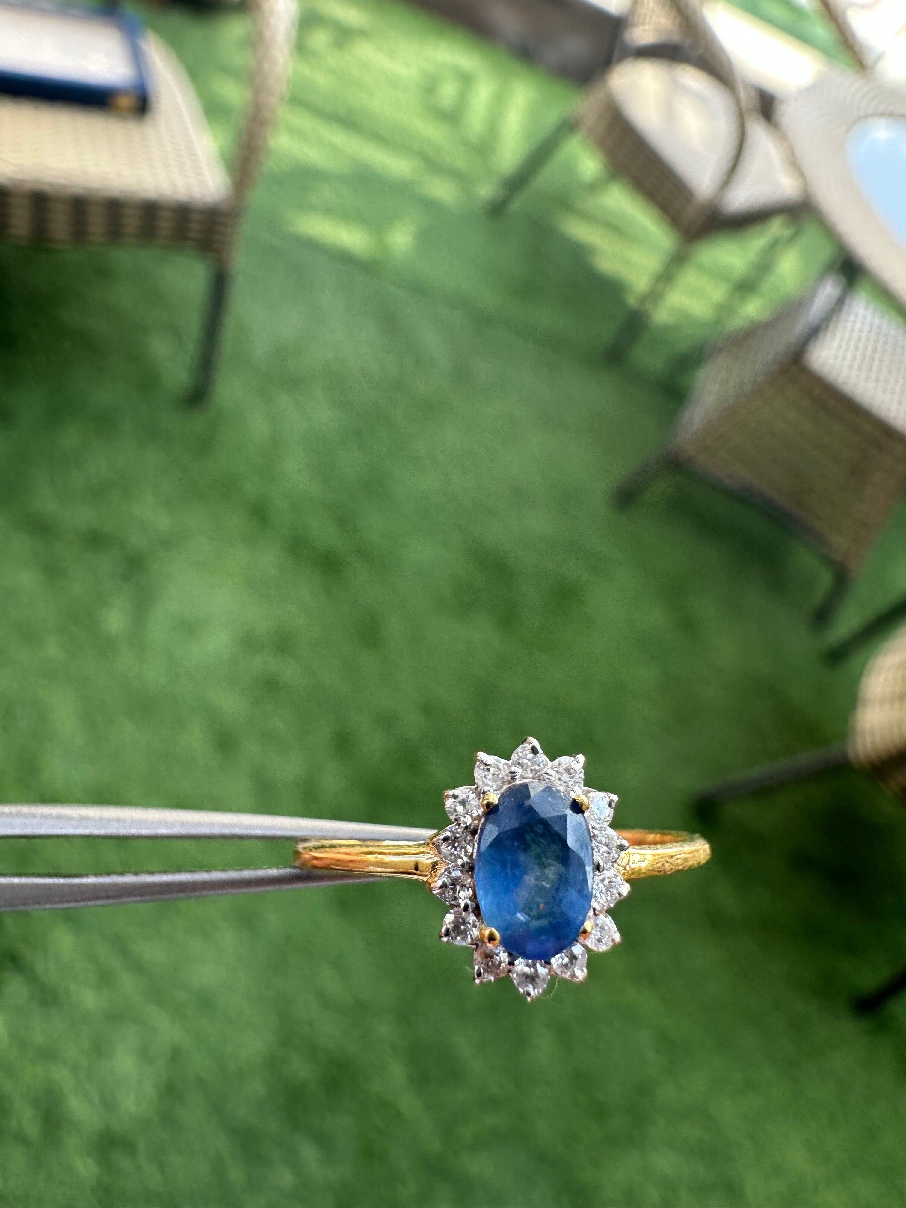 Sunflower Design 14K Gold Ring Oval Blue Sapphire & Diamond Accent