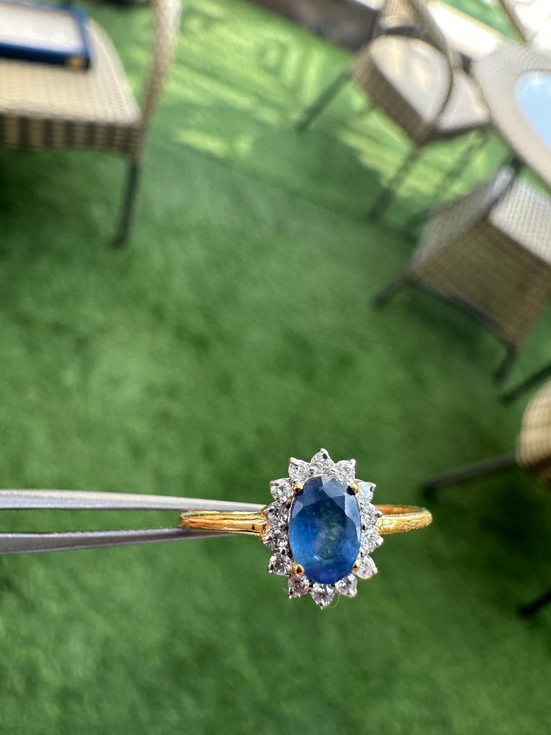 Sunflower Design 14K Gold Ring Oval Blue Sapphire & Diamond Accent
