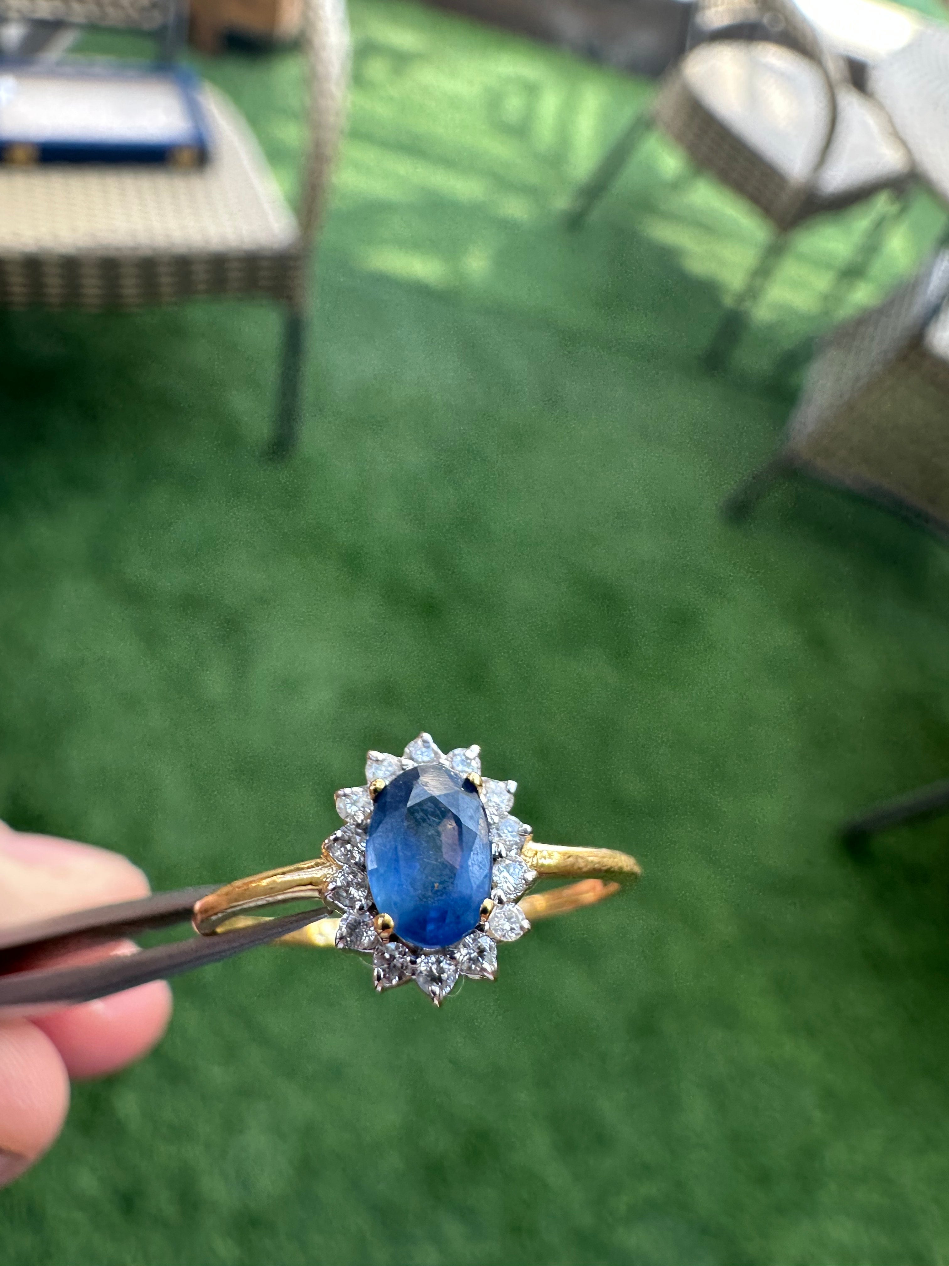 Sunflower Design 14K Gold Ring Oval Blue Sapphire & Diamond Accent