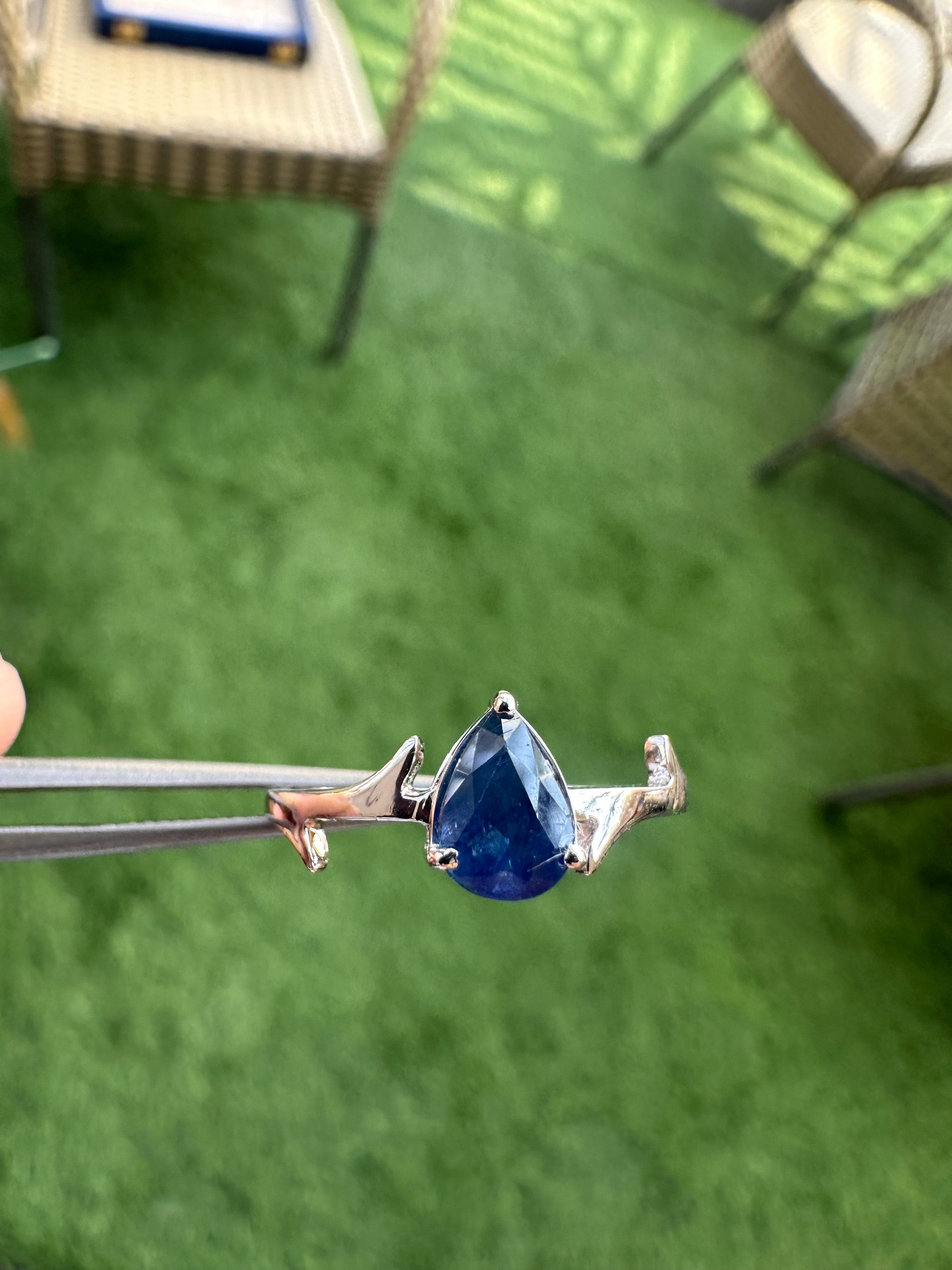 14K Gold Ring: Pear Blue Sapphire, Classy Eternity Designer Ring