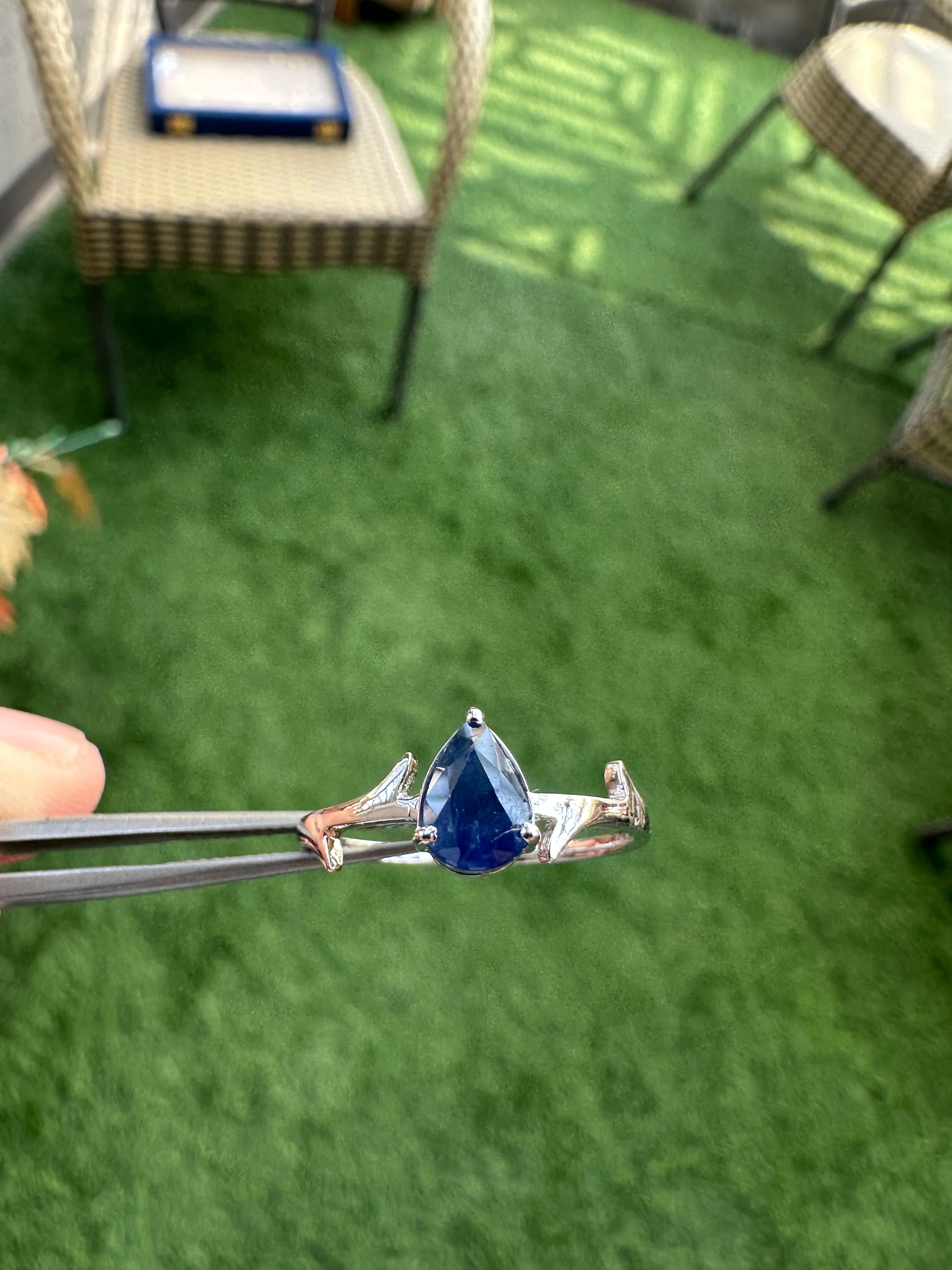 14K Gold Ring: Pear Blue Sapphire, Classy Eternity Designer Ring