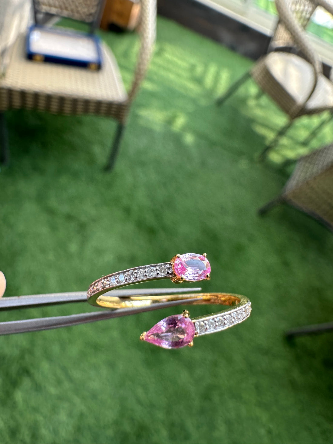 Huggies 14K Gold Pink Sapphire Ring: Diamond Accent, Dainty Design for Her