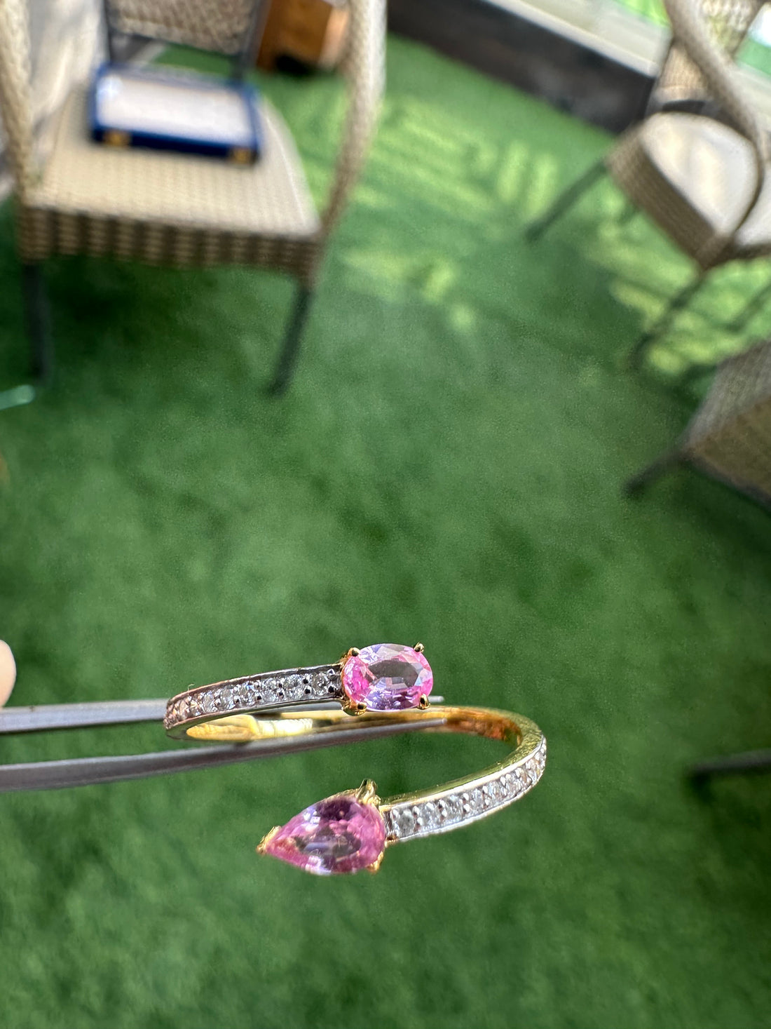 Huggies 14K Gold Pink Sapphire Ring: Diamond Accent, Dainty Design for Her