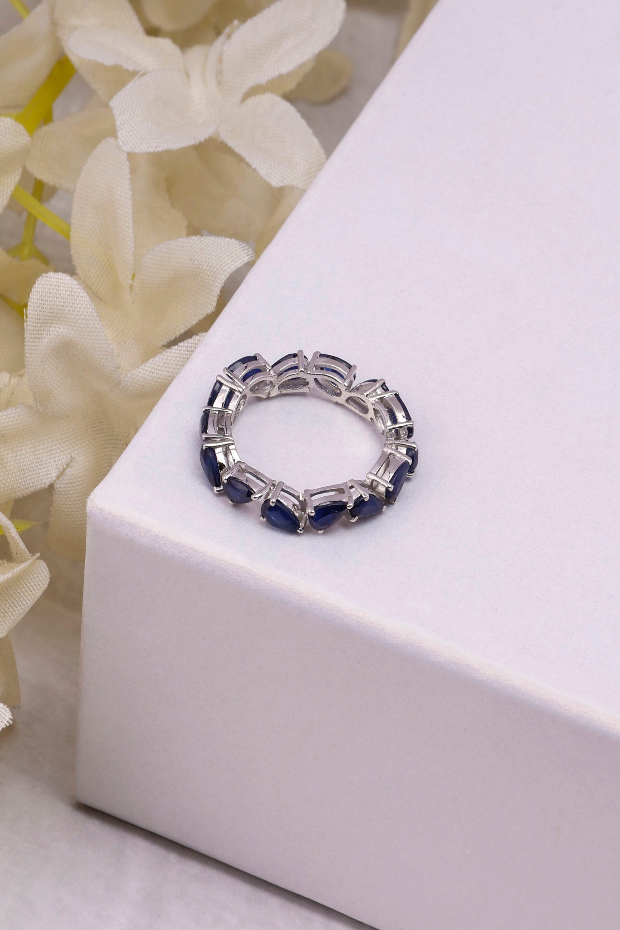 Blue Sapphire Sterling Silver Eternity Band Ring: Statement Queen Ring
