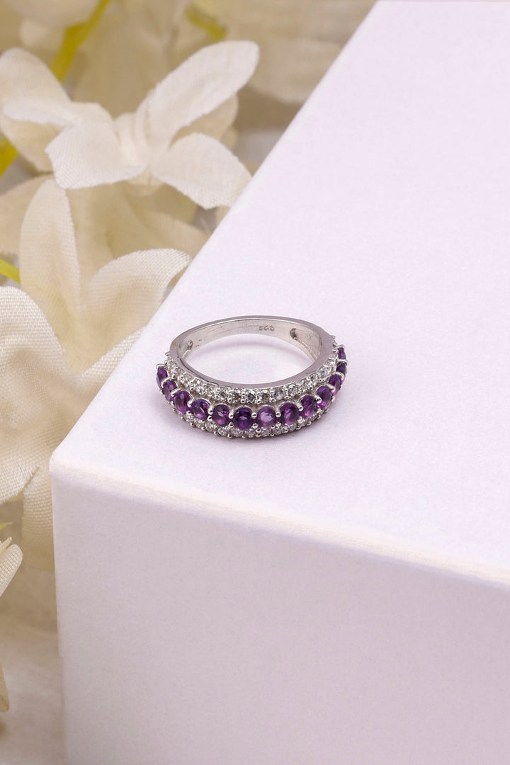 Amethyst Sterling Silver Half Eternity Ring: Minimalist Statement Band