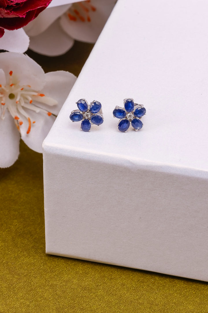 Blue Sapphire Flower Earrings: 925 Sterling Silver Studs