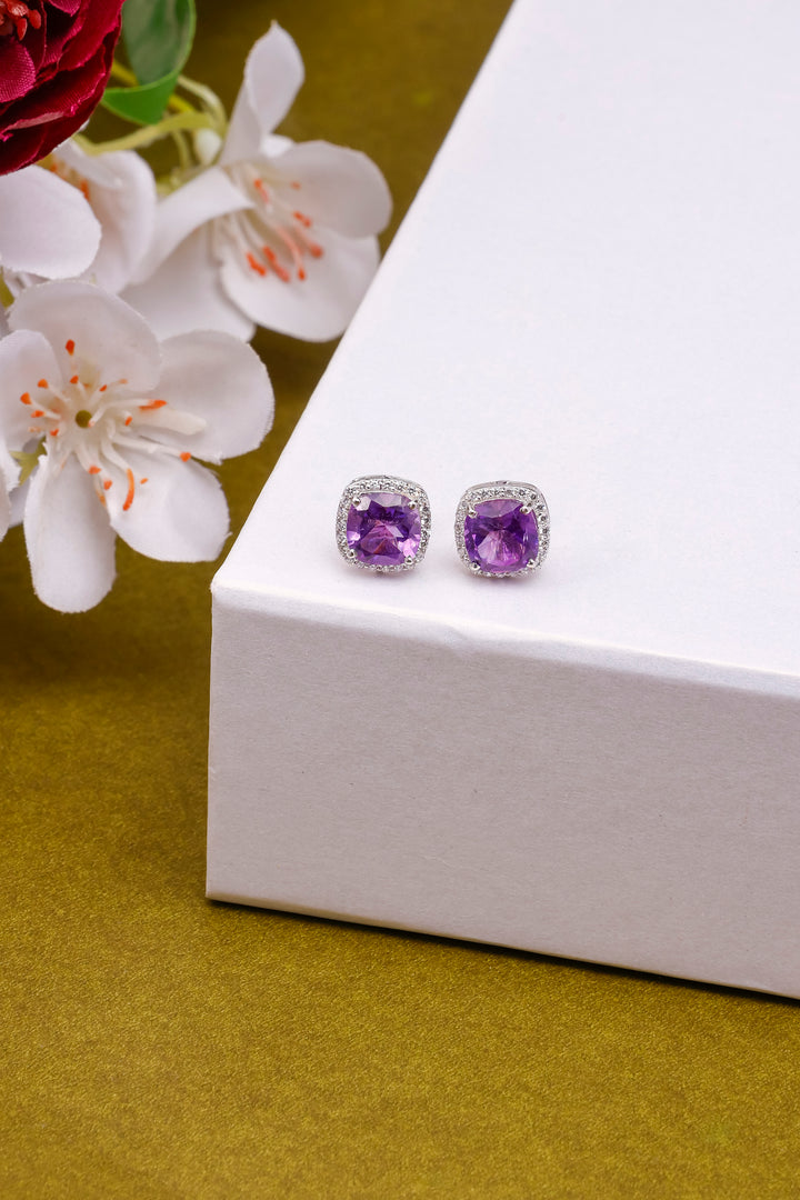 Amethyst Cushion Cut Sterling Silver Earrings: Zircon Accent