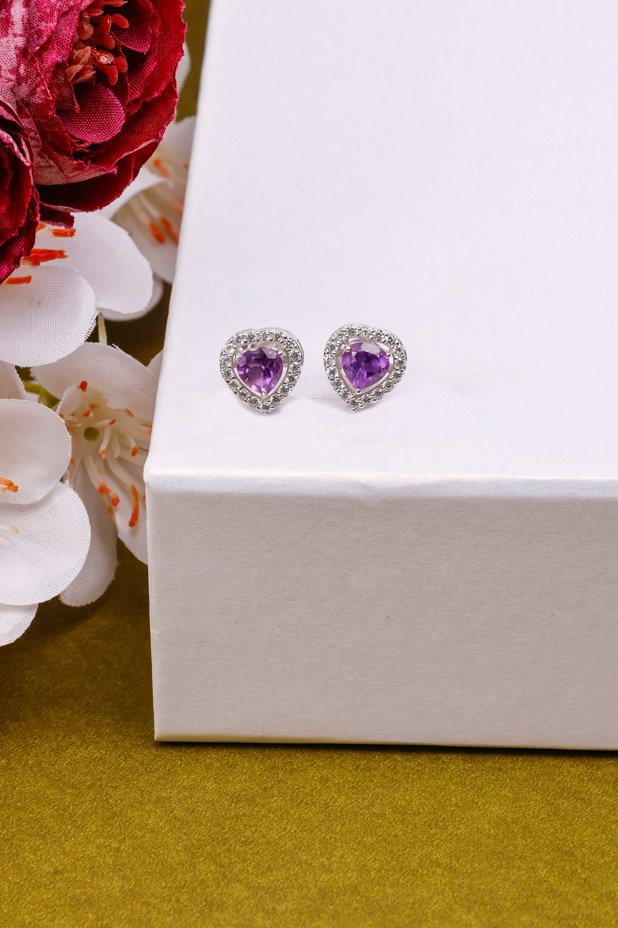 Amethyst Heart Sterling Silver Earrings: Zircon Stone Studs