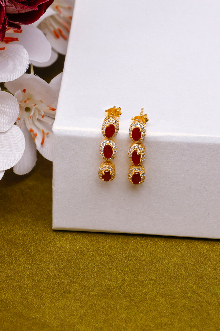 Ruby Oval Stud Earrings: 925 Sterling Silver Three Stone Design