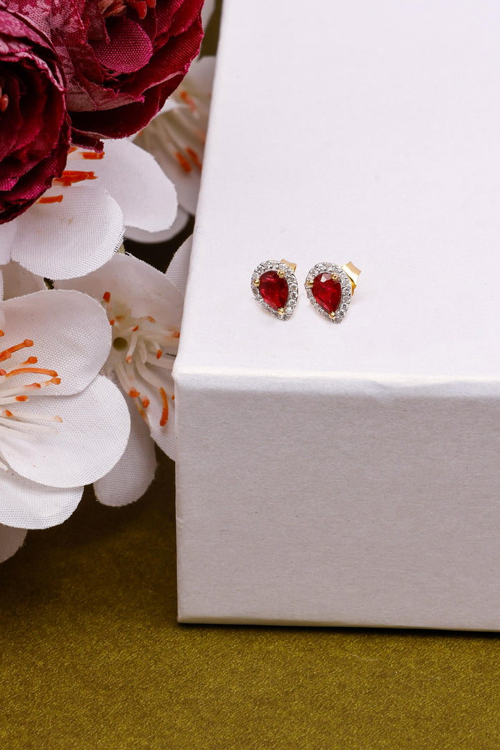 14K Gold Pear Cut Ruby Earrings with Diamond Accents