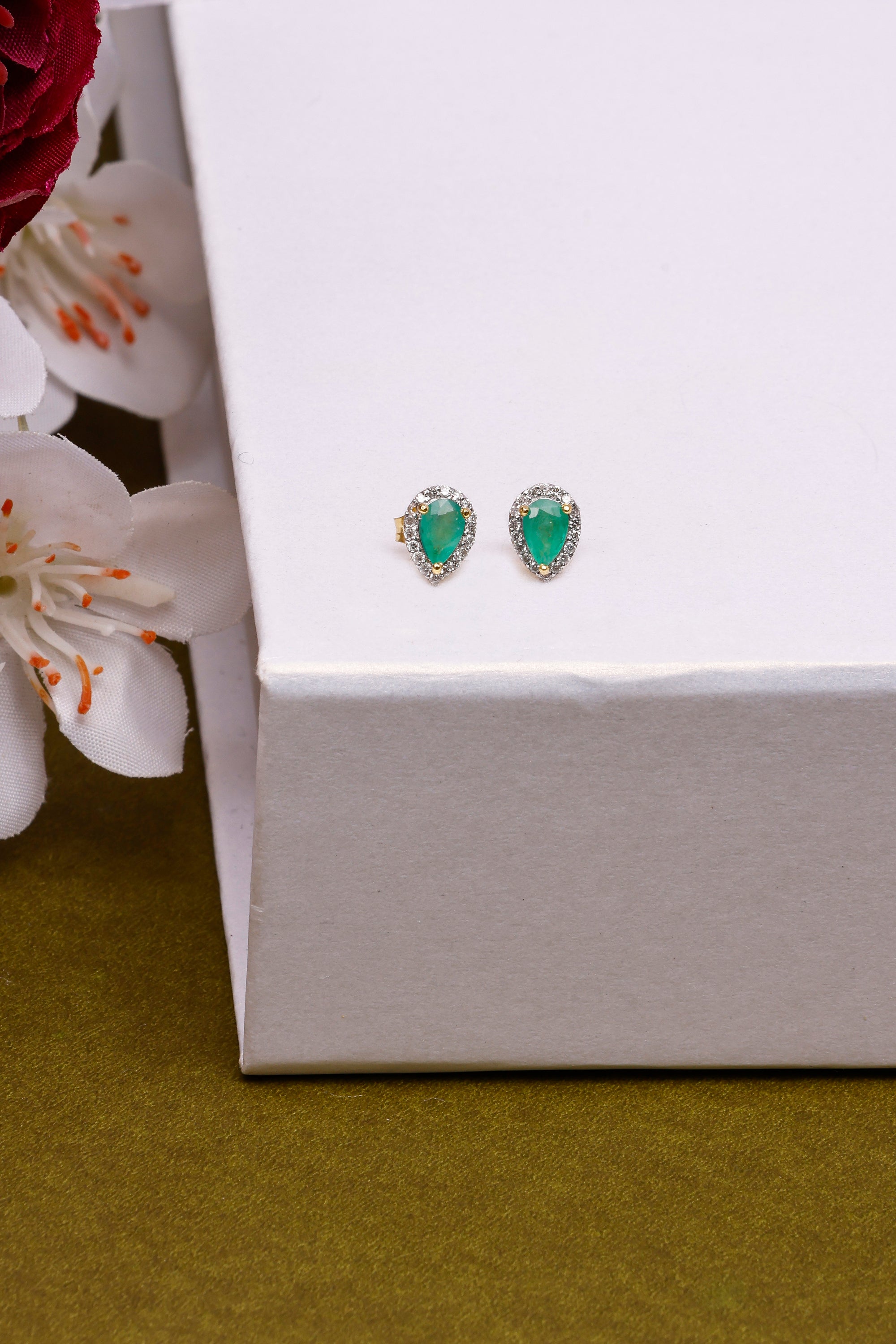 14K Gold Pear Emerald Stud Earrings with Diamond Halo
