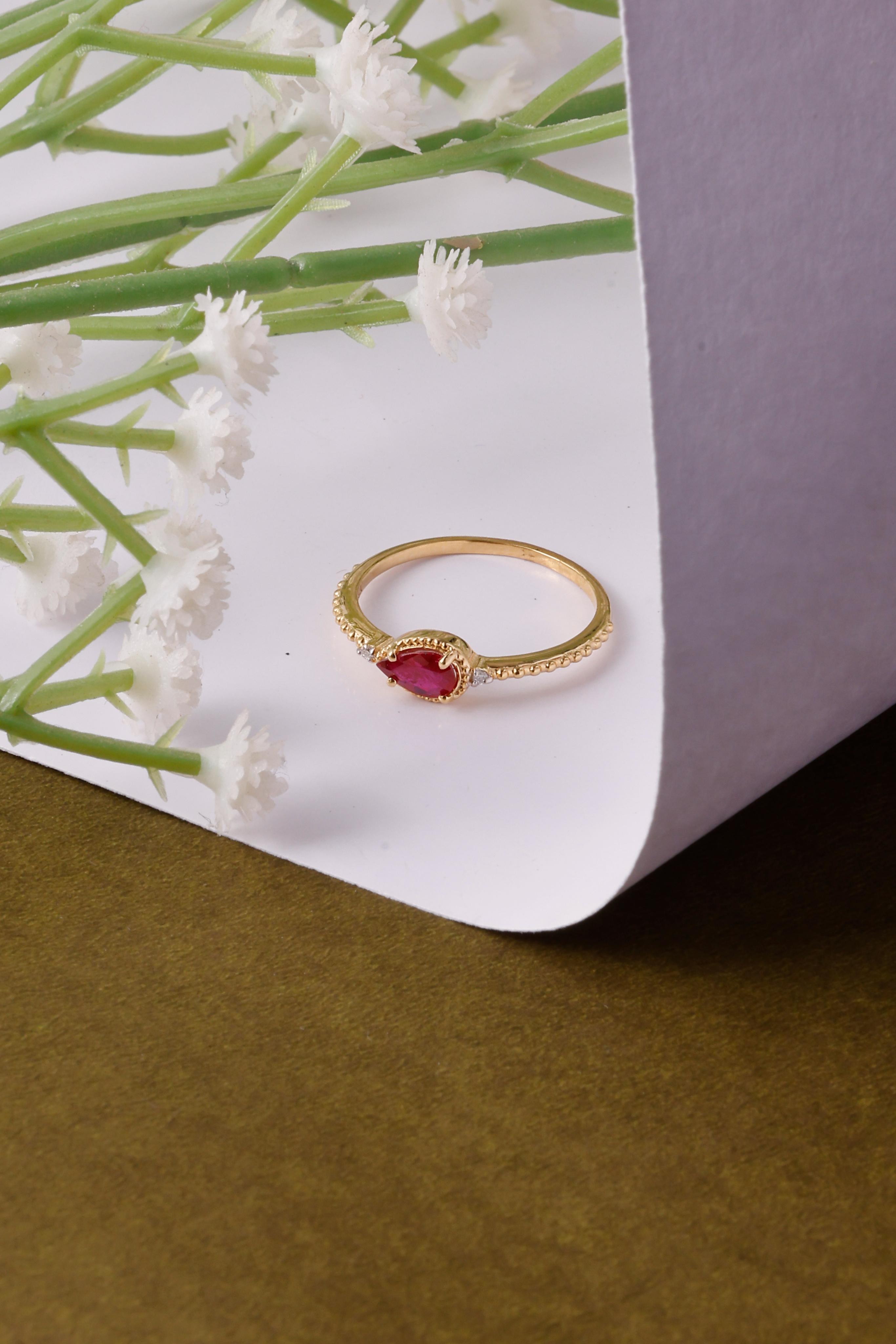 Materialists inspired 14K Gold Ruby and Diamond Ring: Dainty Eternity Design