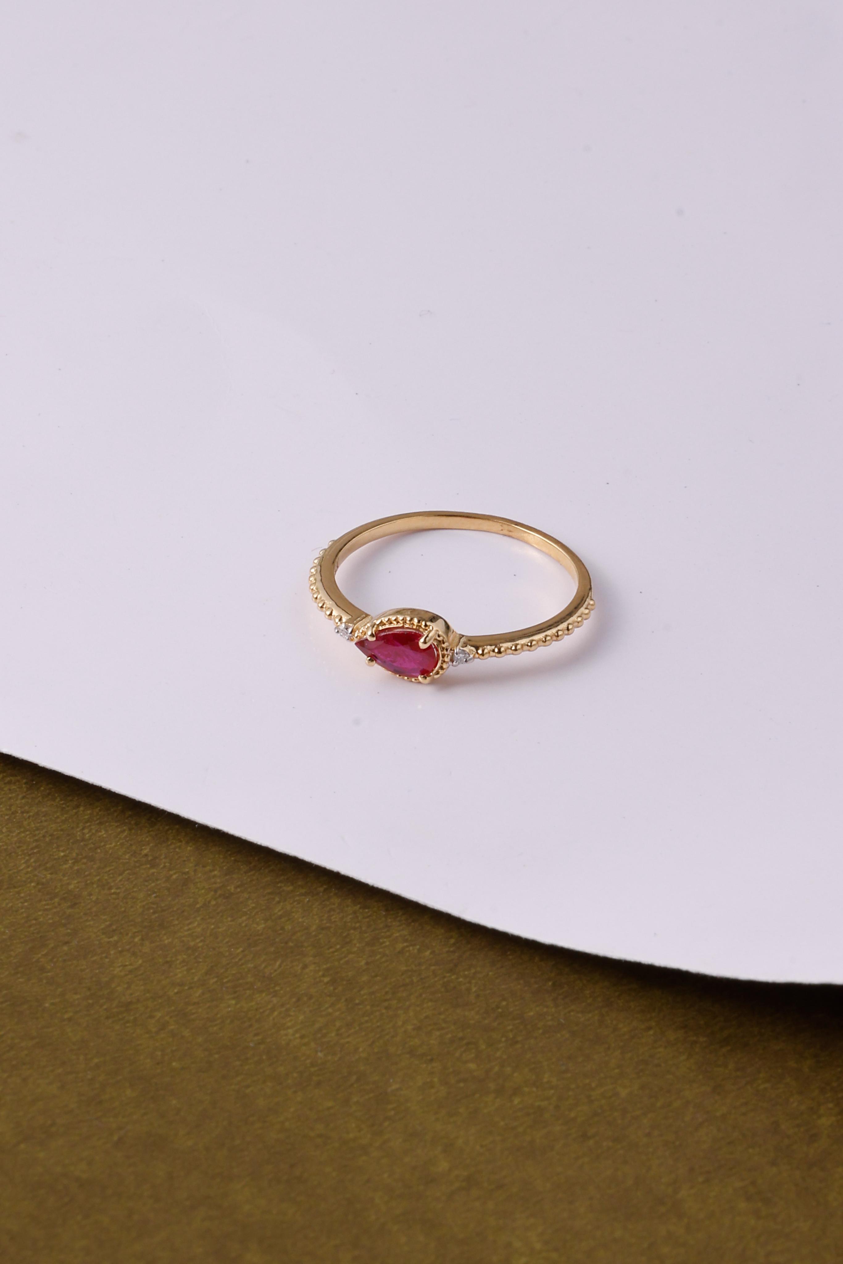 Materialists inspired 14K Gold Ruby and Diamond Ring: Dainty Eternity Design