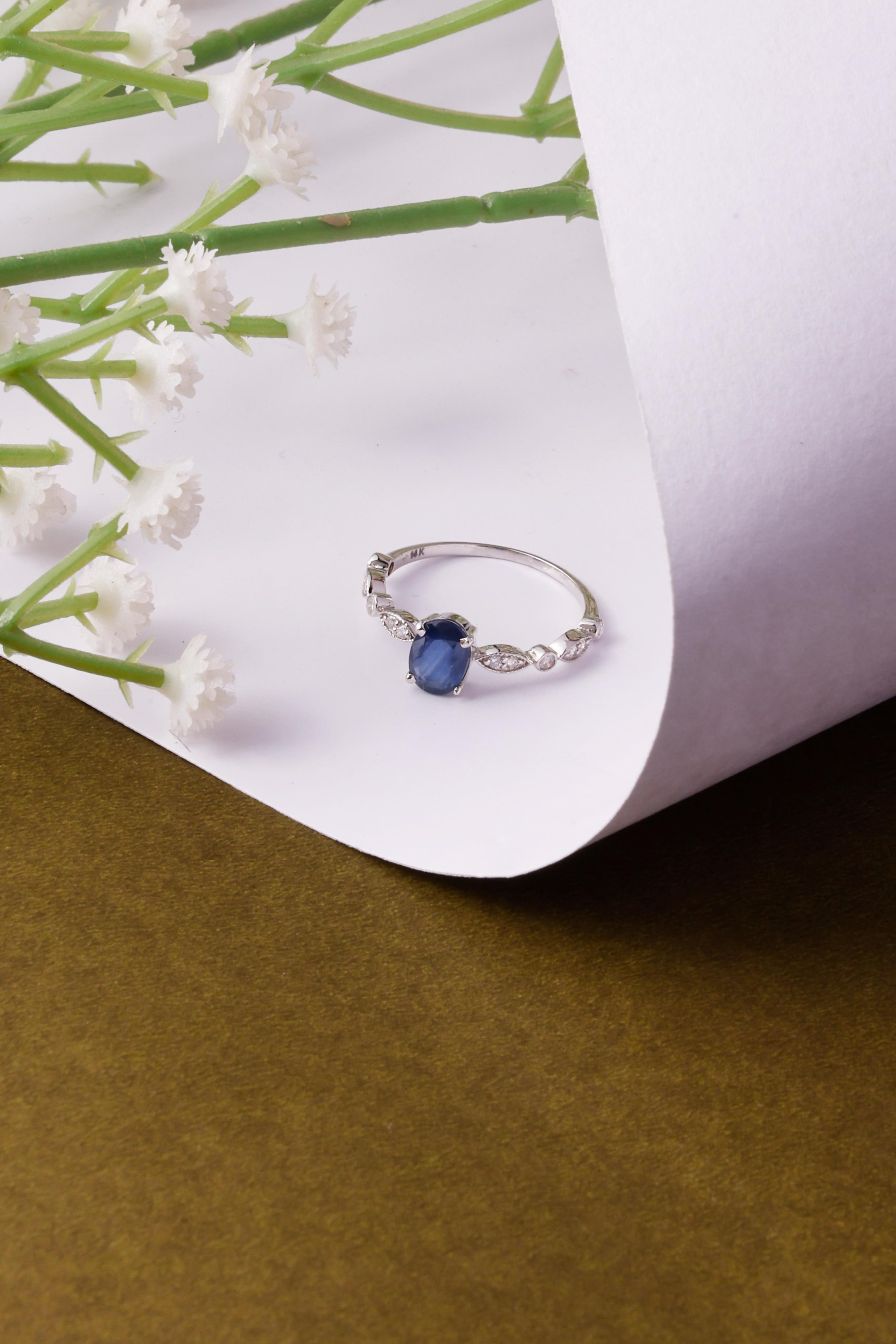 Blue Sapphire Oval Ring 14K gold and Diamond Ring Luxury Ring Gifts for her Anniversary Ring Wedding Ring Christmas Gifts