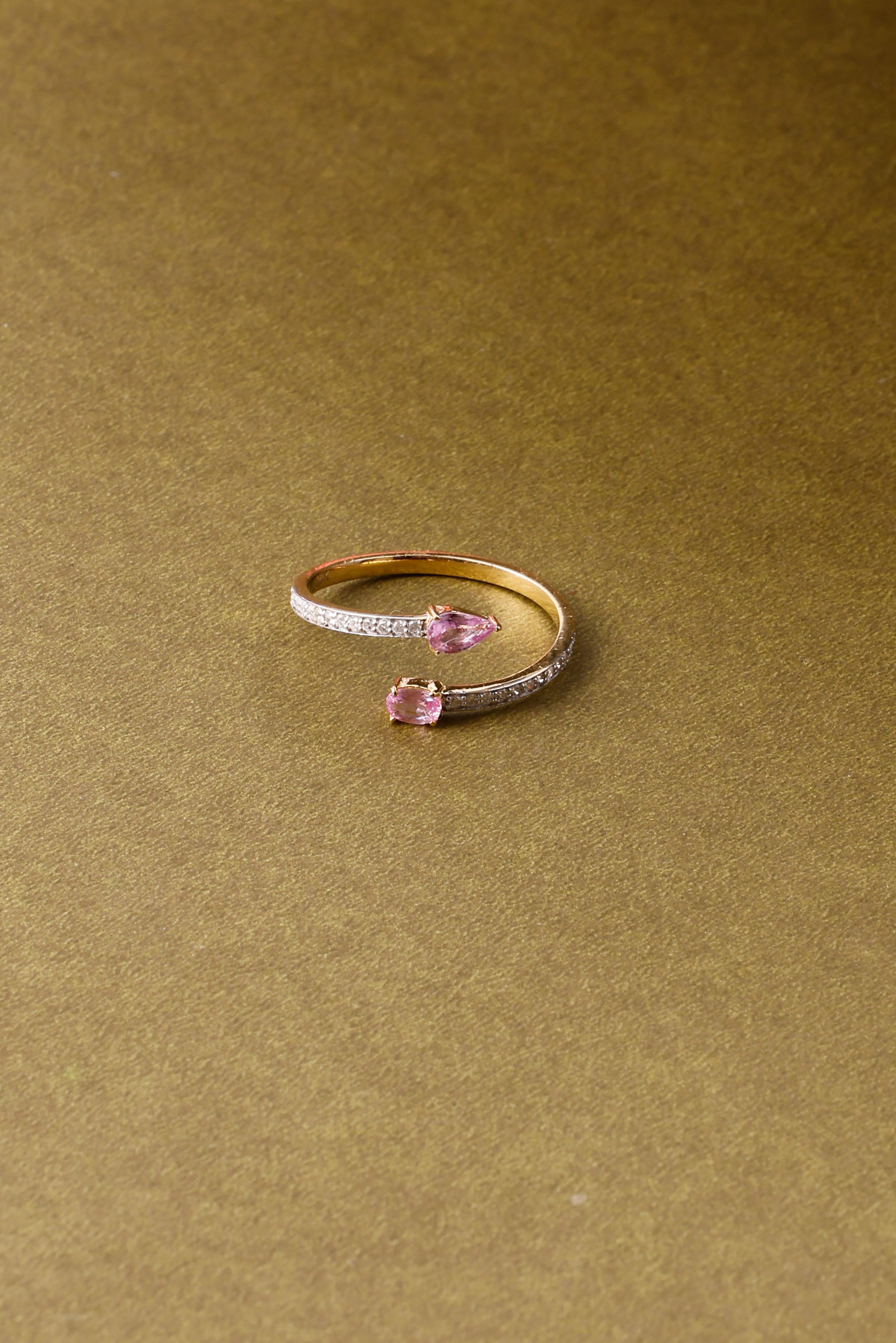 Huggies 14K Gold Pink Sapphire Ring: Diamond Accent, Dainty Design for Her