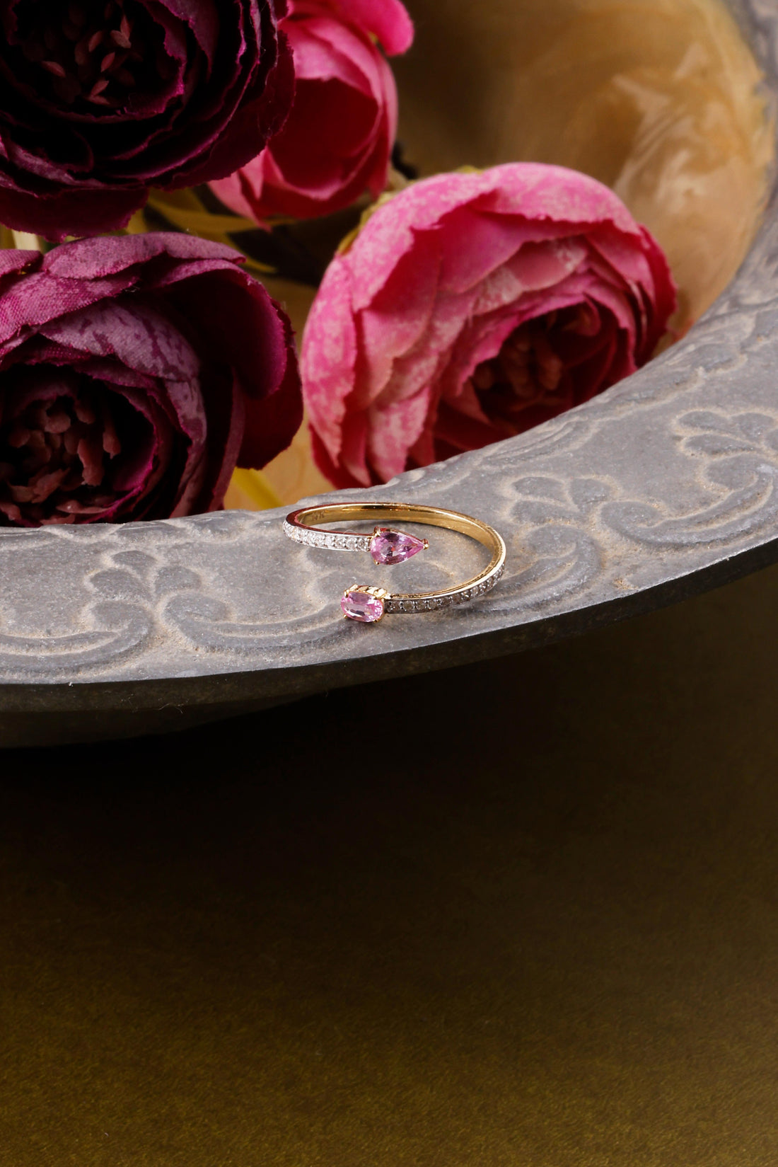 Huggies 14K Gold Pink Sapphire Ring: Diamond Accent, Dainty Design for Her