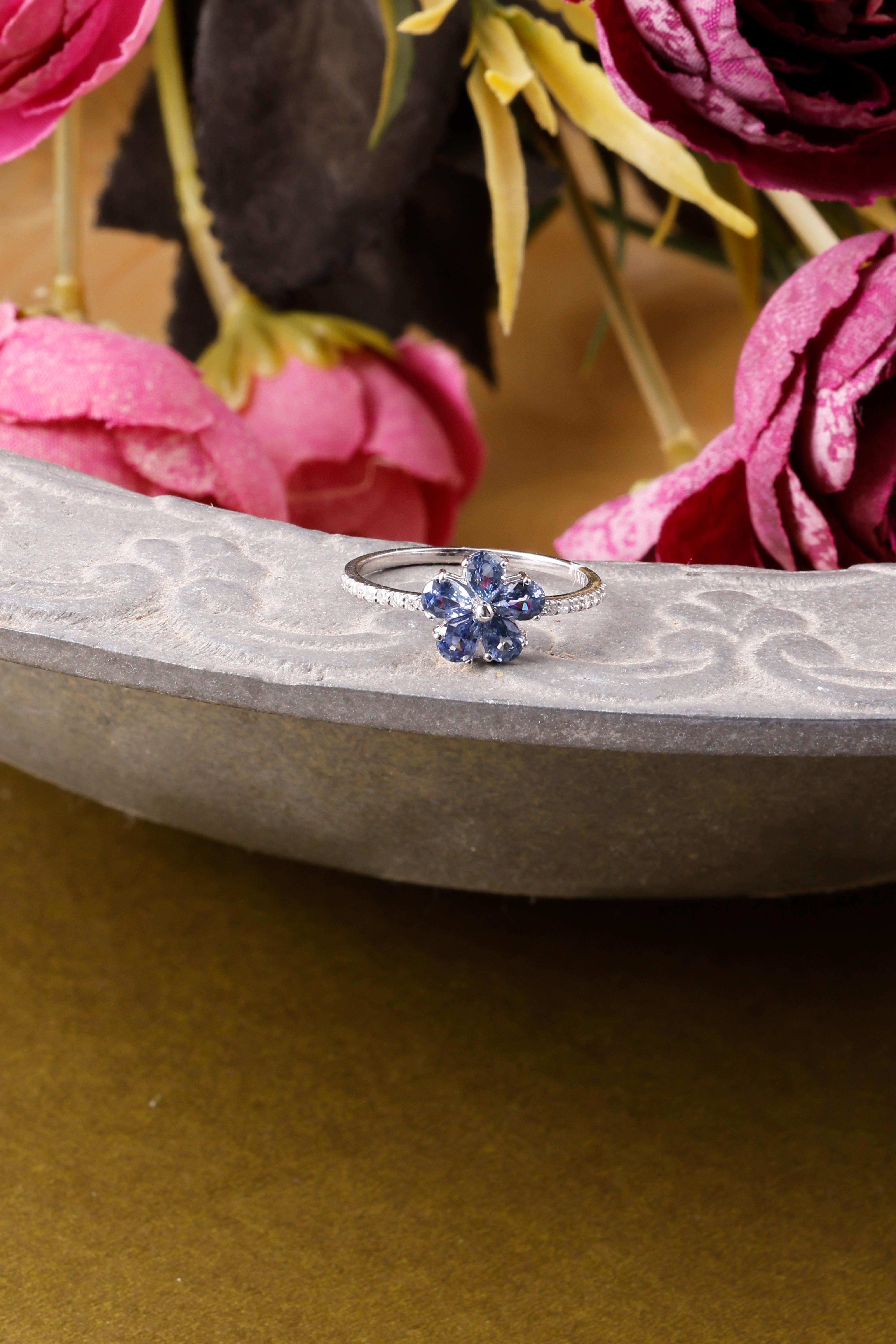 Flower 14K Gold Minimalist Ring Pear Blue Sapphire & Diamond Accent