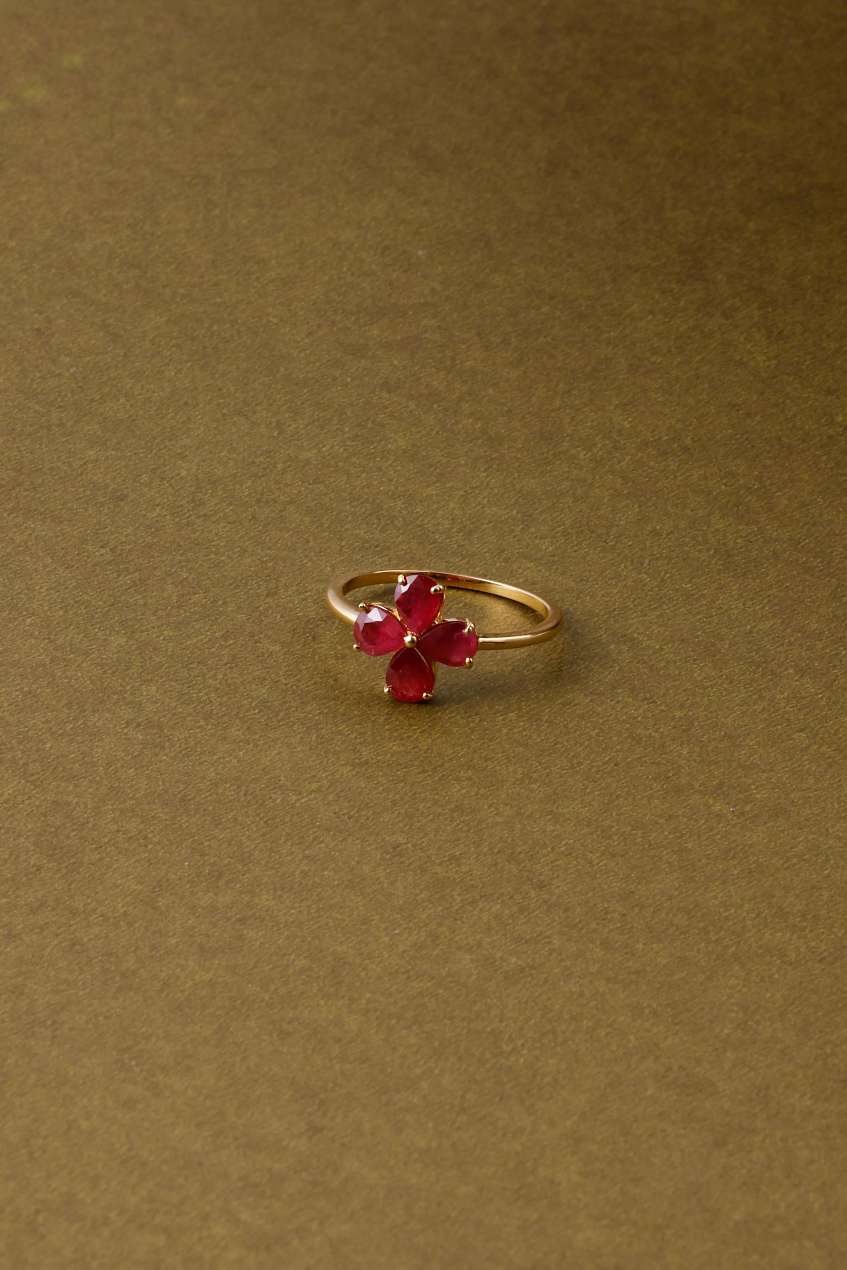 14K Gold Ruby Flower Ring: Unique Statement Jewelry