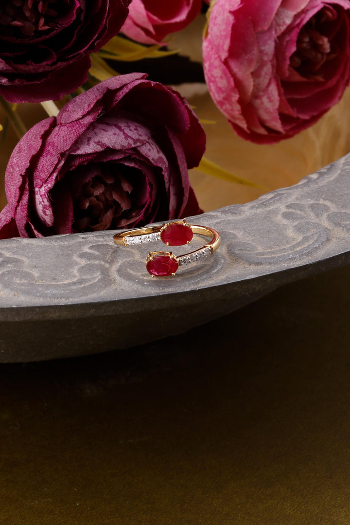 14K Gold Huggie Ring: Oval Ruby and Diamond Accent