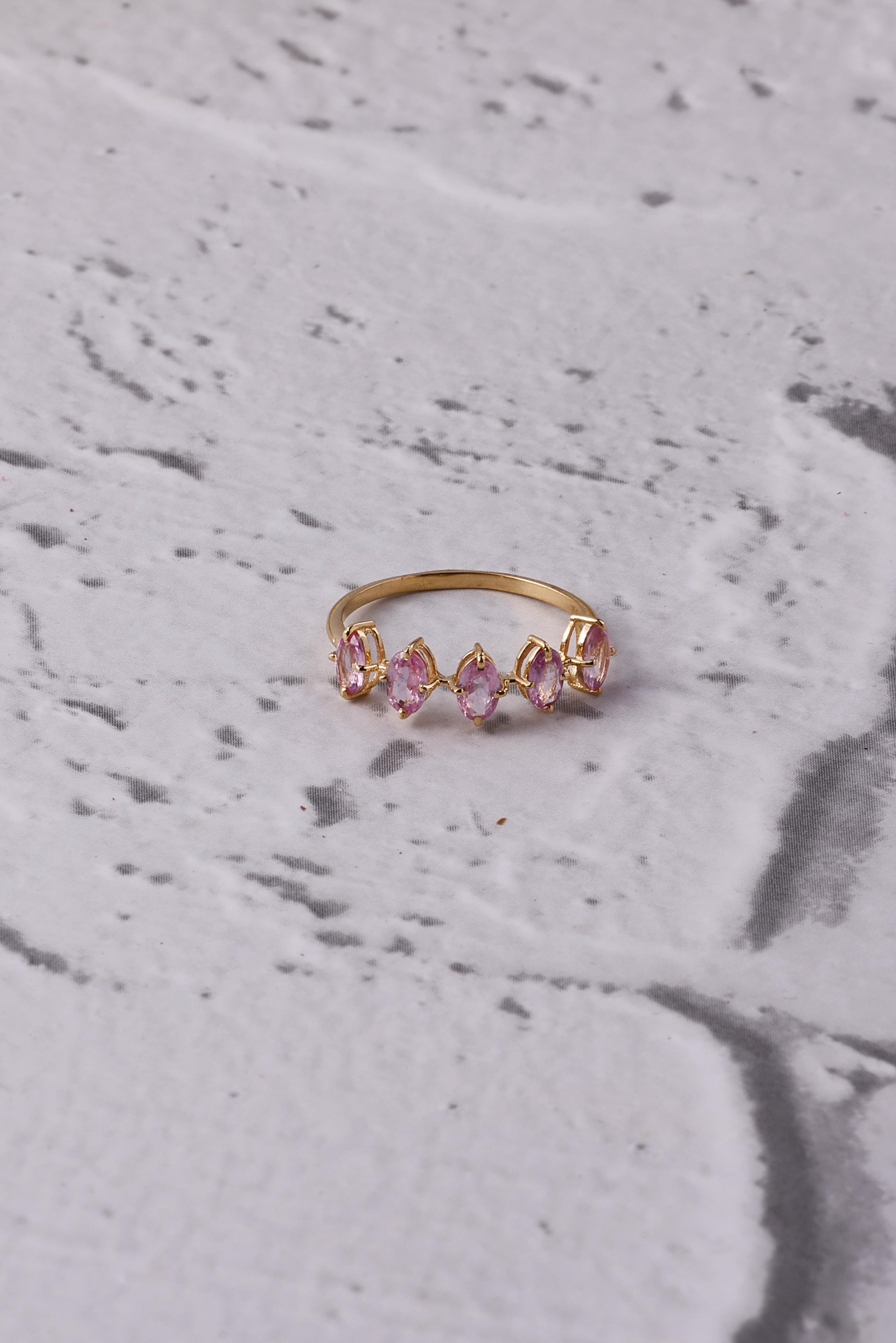 Oval Pink Sapphire 14K Gold Half Eternity Ring Band