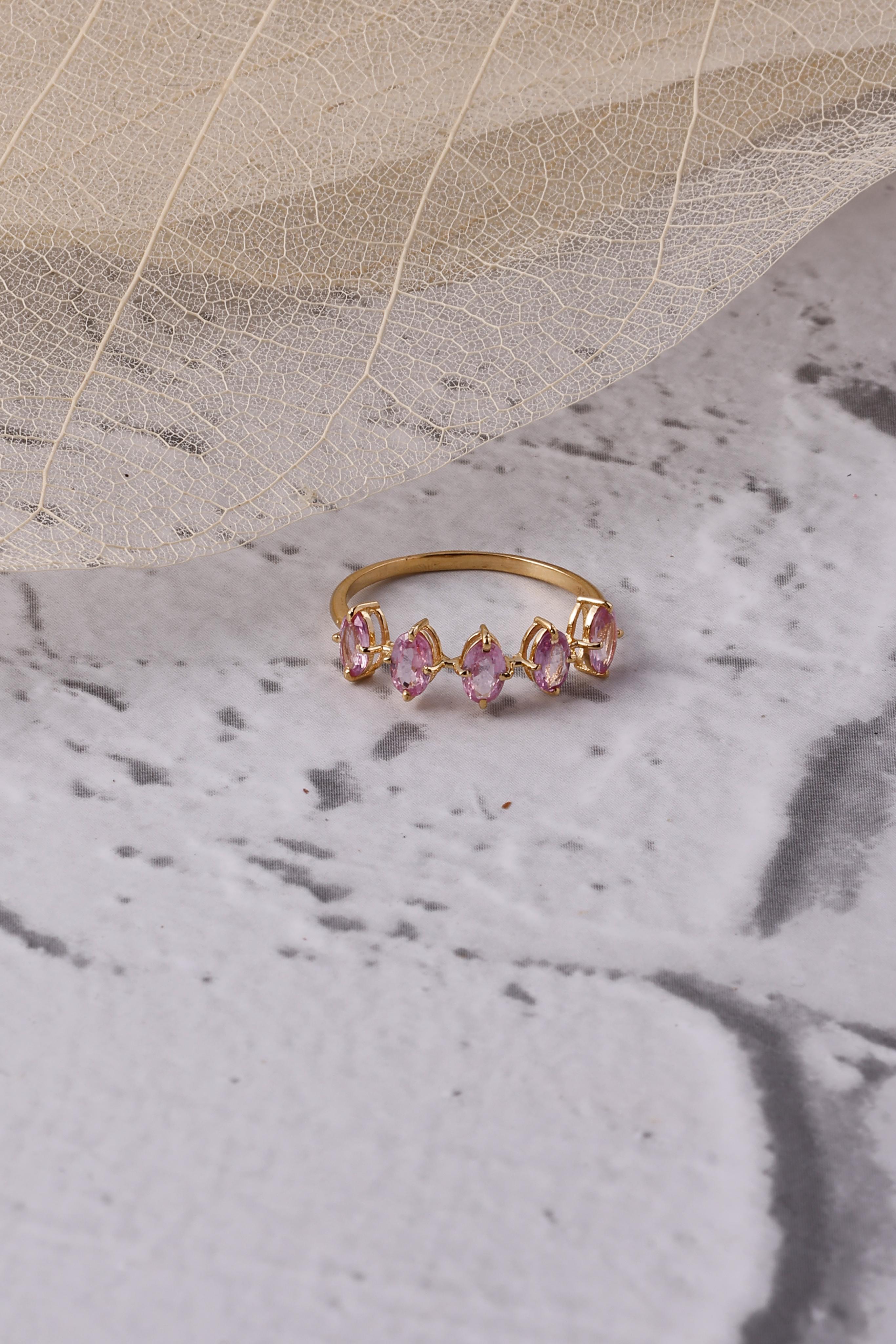 Oval Pink Sapphire 14K Gold Half Eternity Ring Band