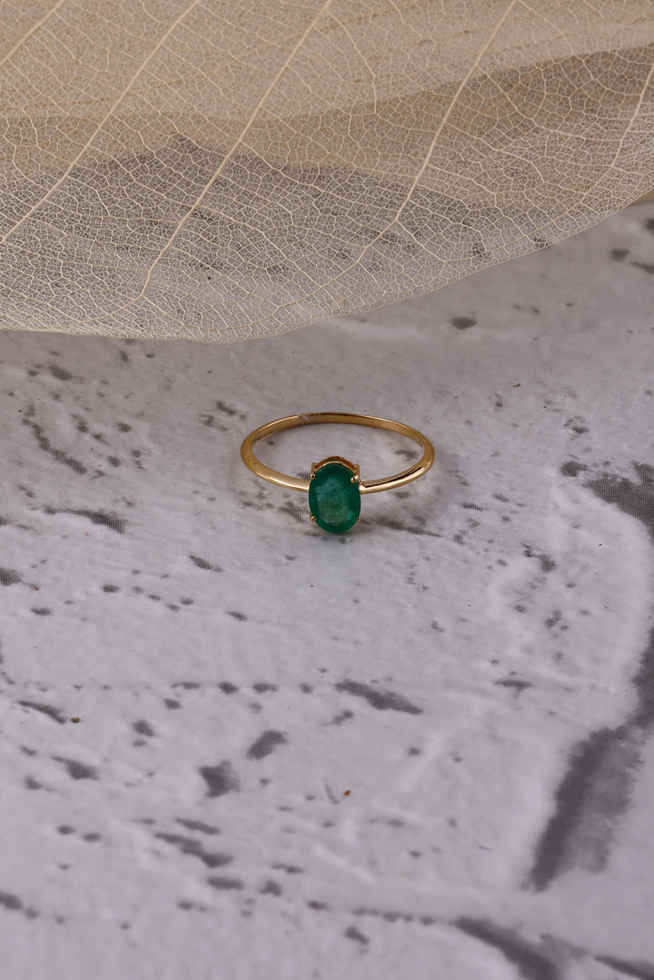 14K Gold Natural Emerald Oval Ring: Dainty Eternity Band