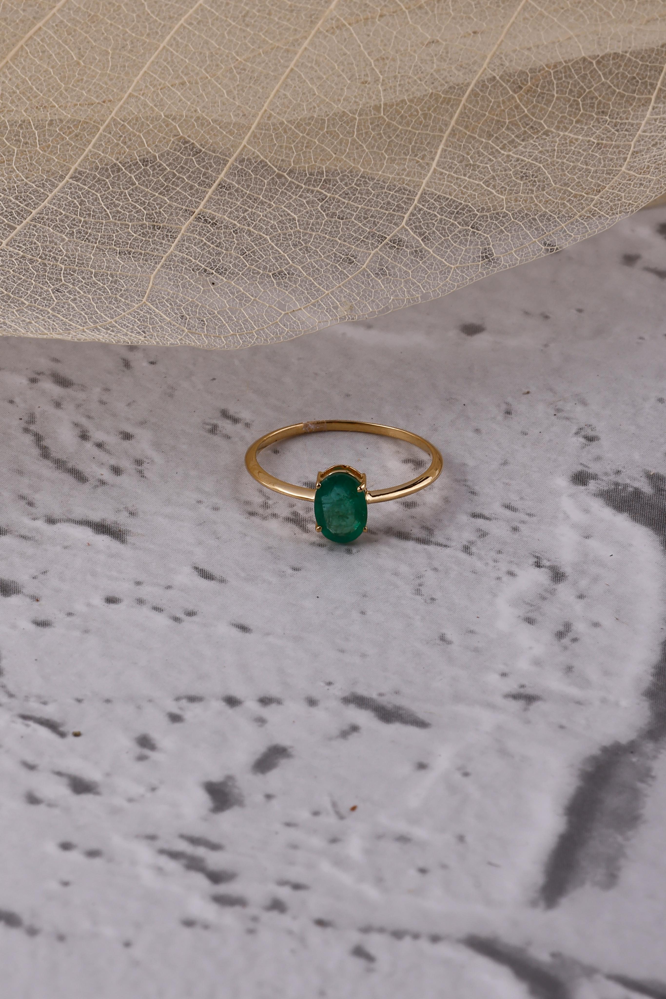 14K Gold Natural Emerald Oval Ring: Dainty Eternity Band