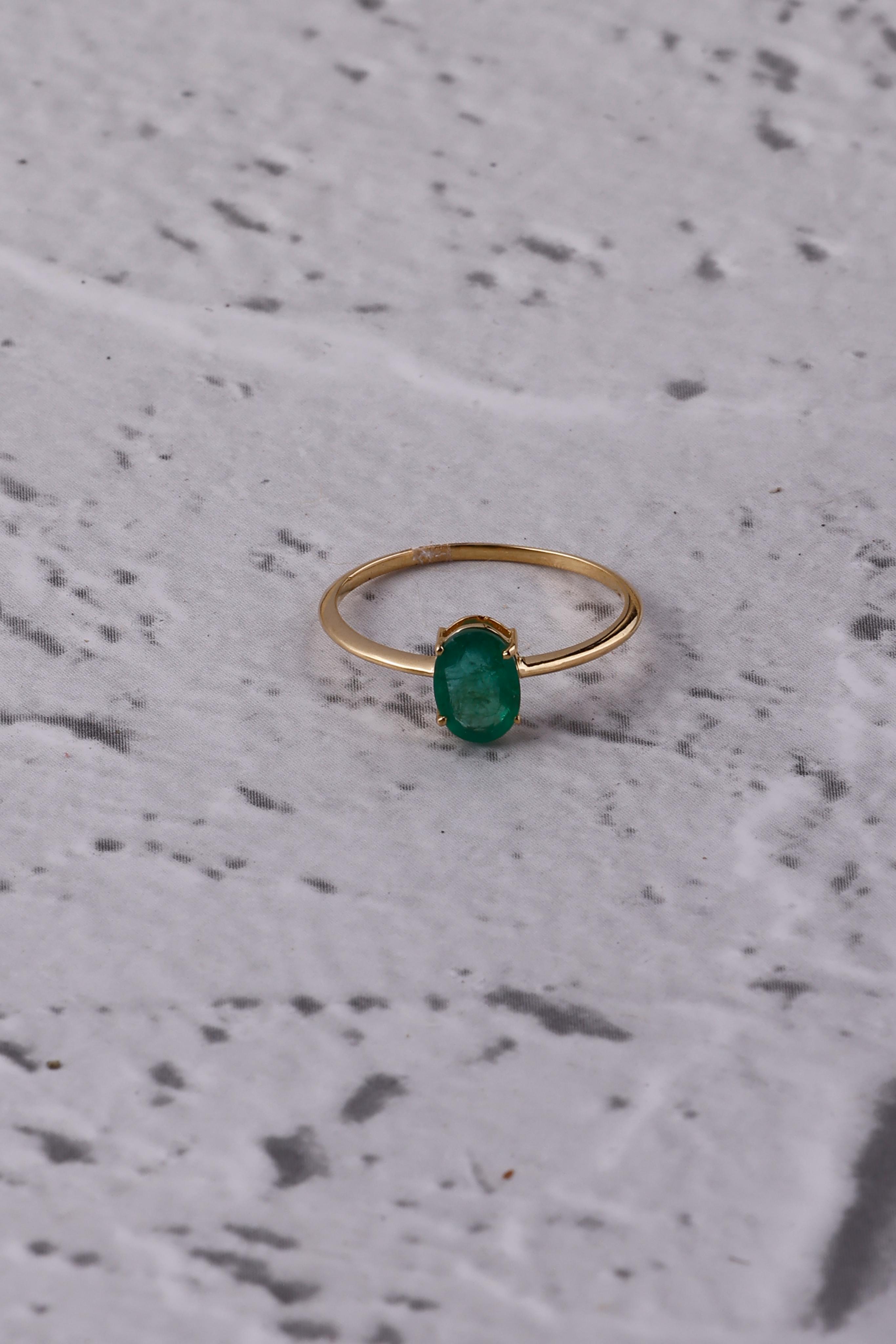 14K Gold Natural Emerald Oval Ring: Dainty Eternity Band