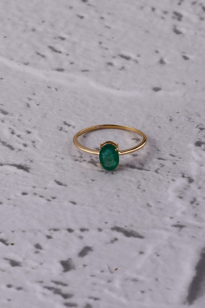 14K Gold Natural Emerald Oval Ring: Dainty Eternity Band