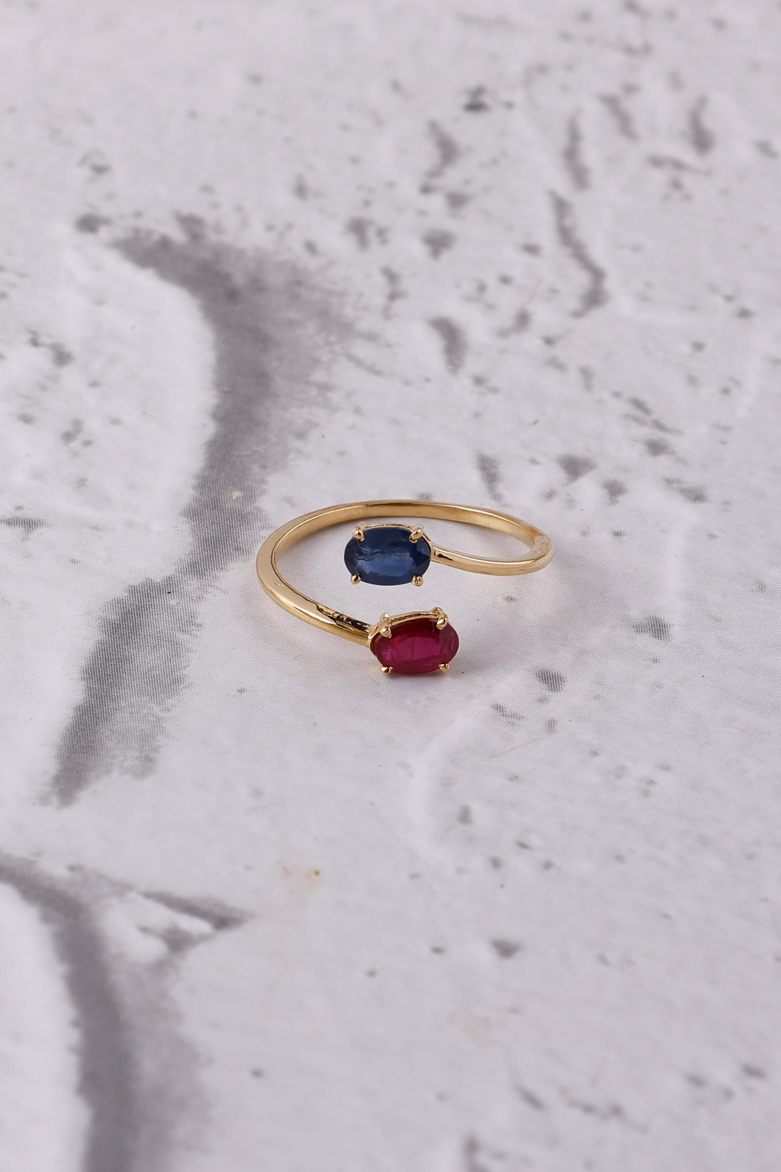 14K Gold Ruby and Sapphire Huggie Ring: Two stones Combo Oval Ring