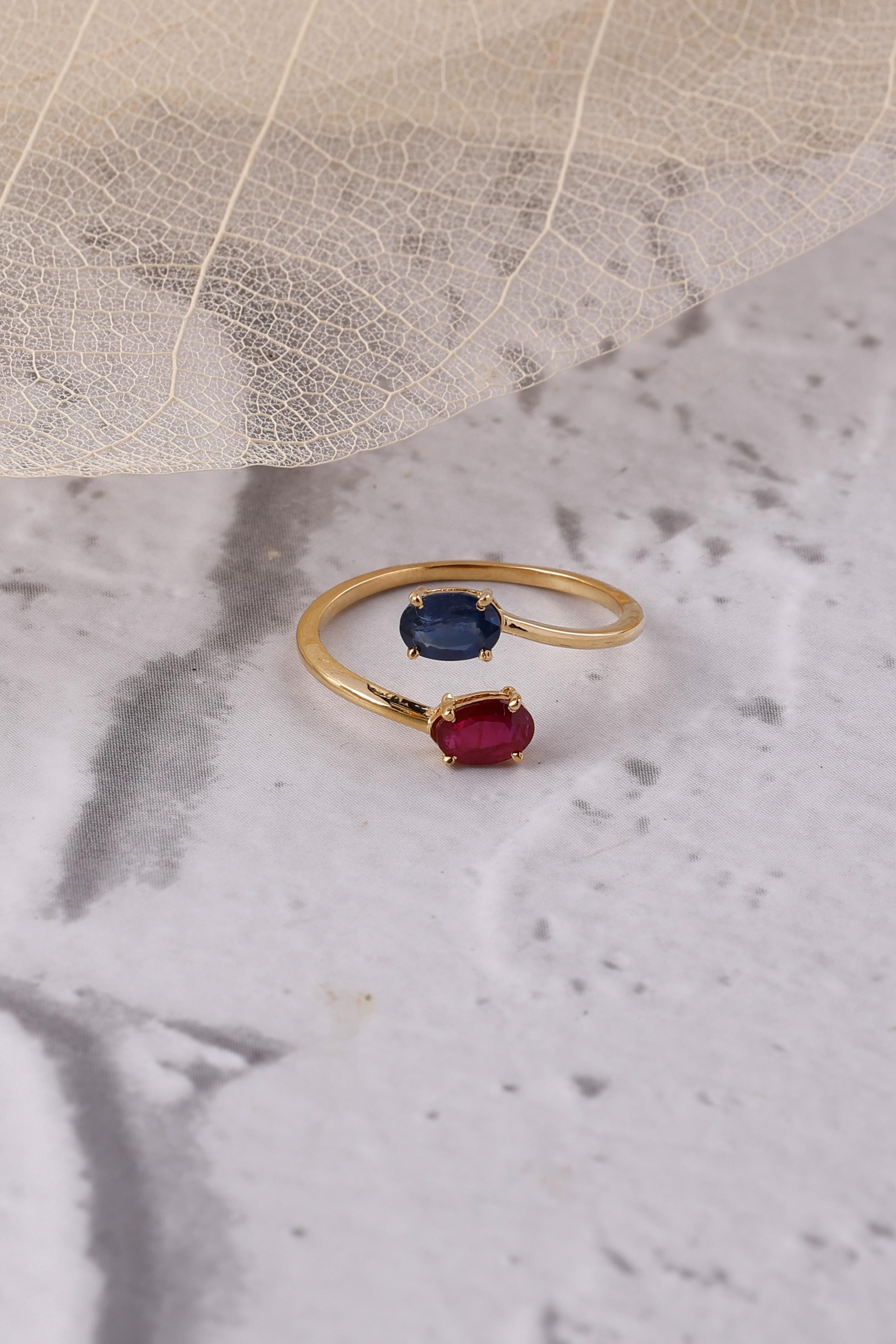 14K Gold Ruby and Sapphire Huggie Ring: Two stones Combo Oval Ring