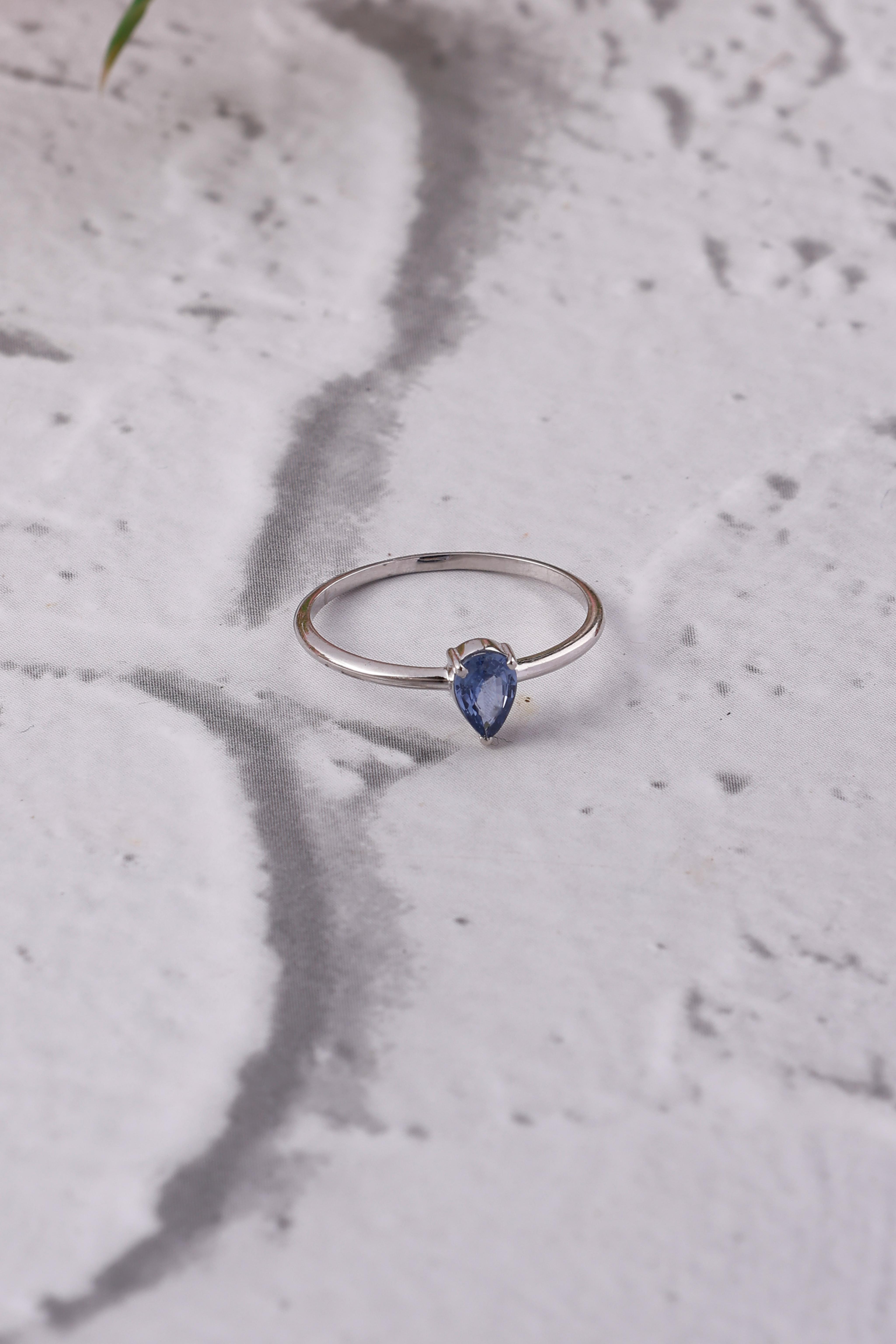 Dainty 14K Gold Ring: Pear Blue Sapphire, Classy Eternity Ring