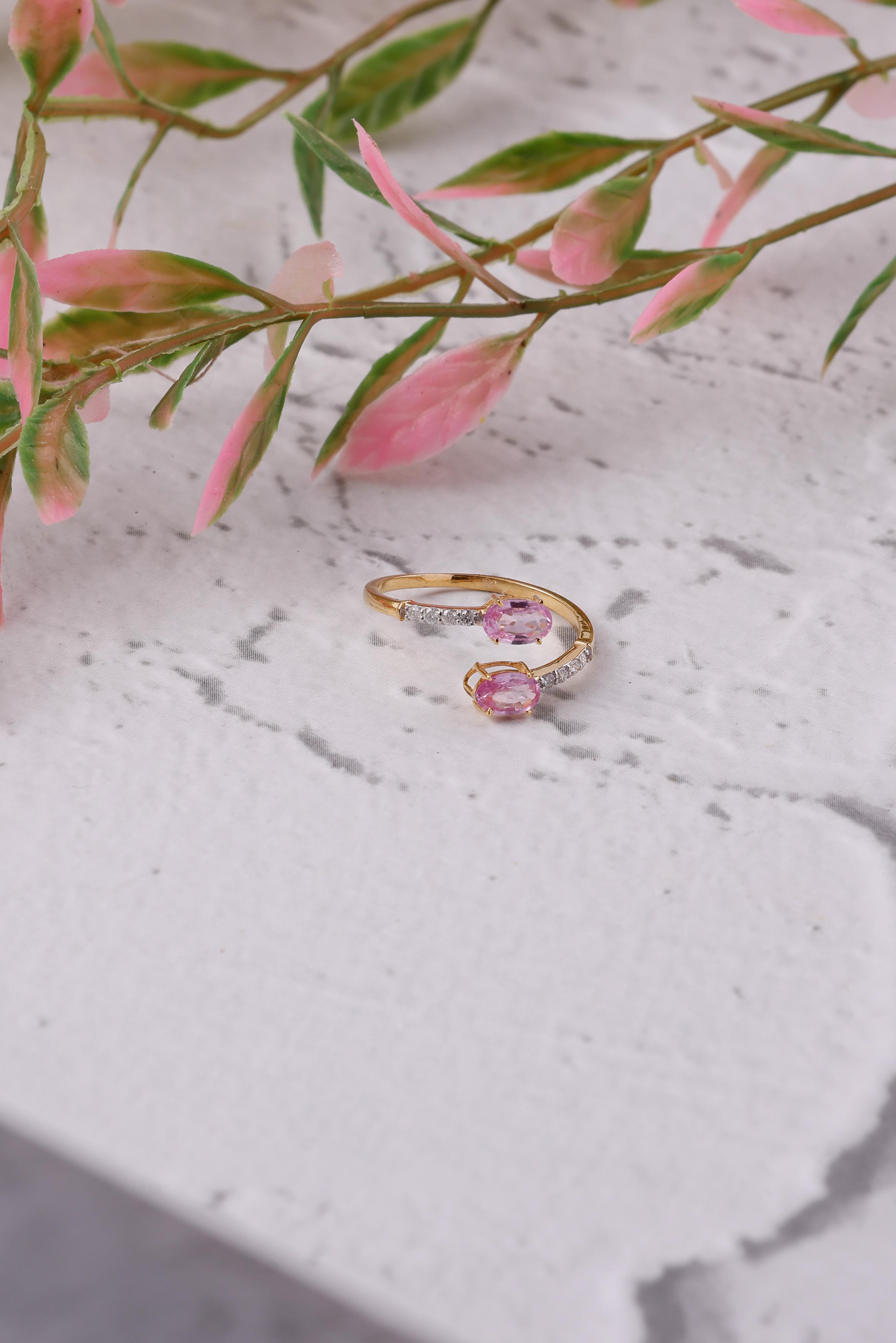 14K Gold Huggie Ring: Oval Pink Sapphire and Diamond Accent