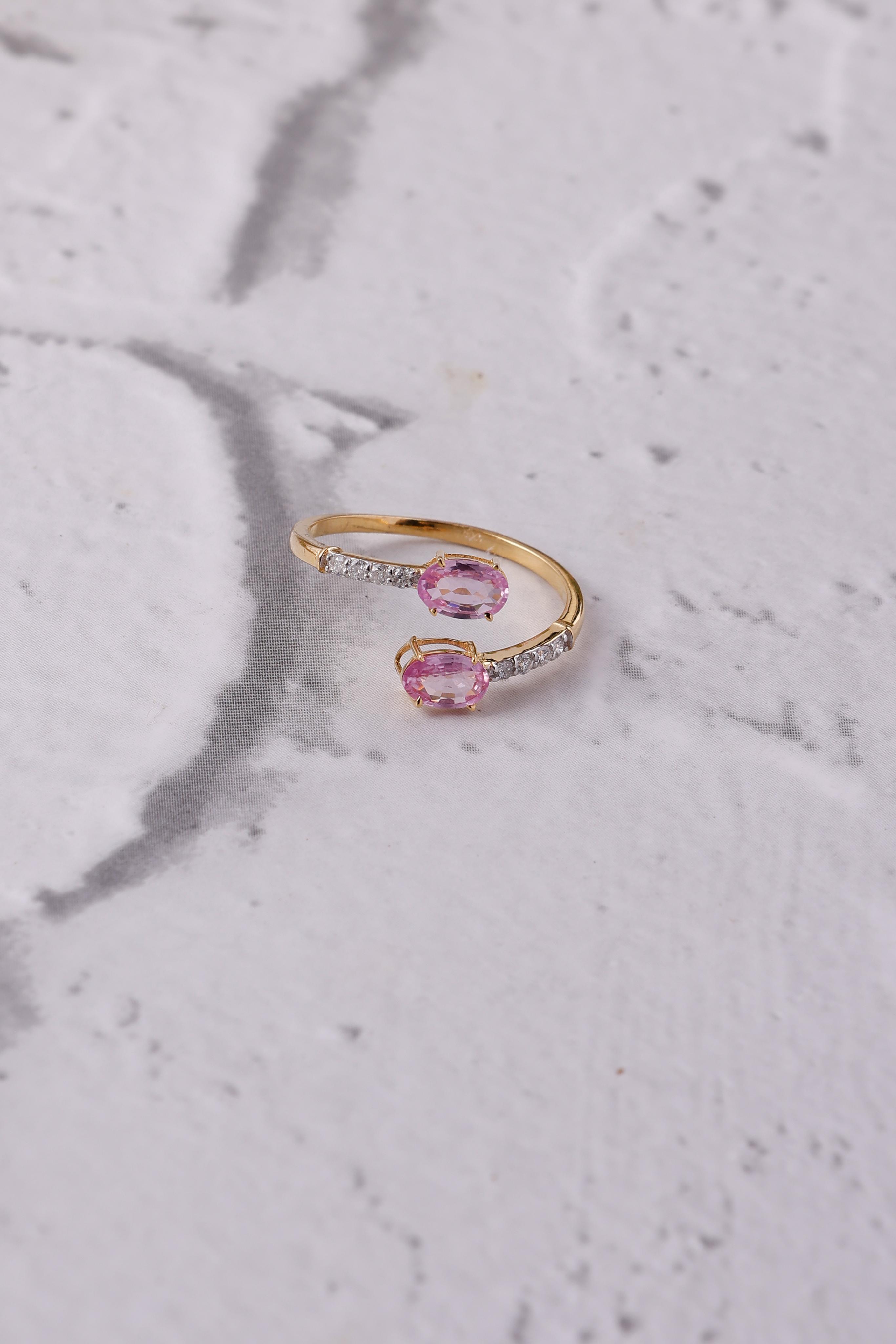 14K Gold Huggie Ring: Oval Pink Sapphire and Diamond Accent