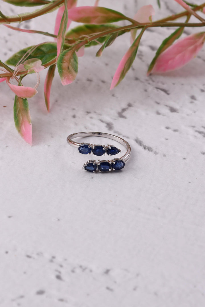 14K Gold Blue Sapphire Huggie Ring: Three stones unique design Ring